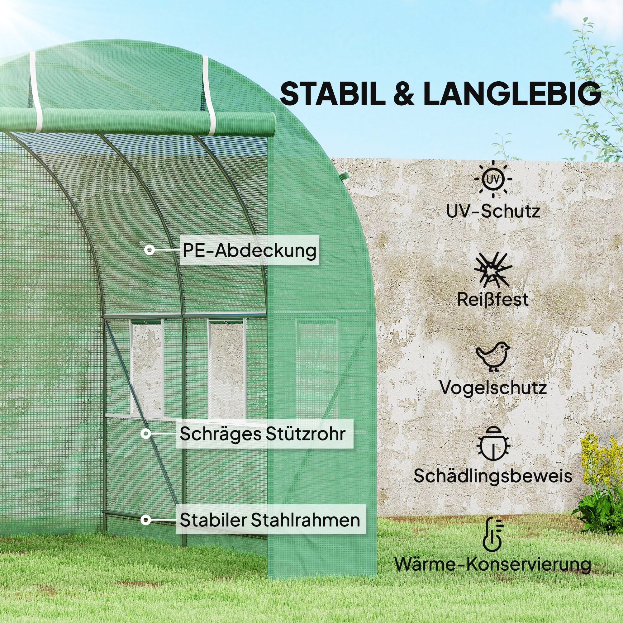 Gewächshaus 350x200x200cm Foliengewächshaus Tomatenhaus mit Tür, 6 Fenster, Folientunnel aus verzinktem Stahl, PE, stabiles Treibhaus Pflanztunnel, inkl. Erdanker & Seilen, Grün