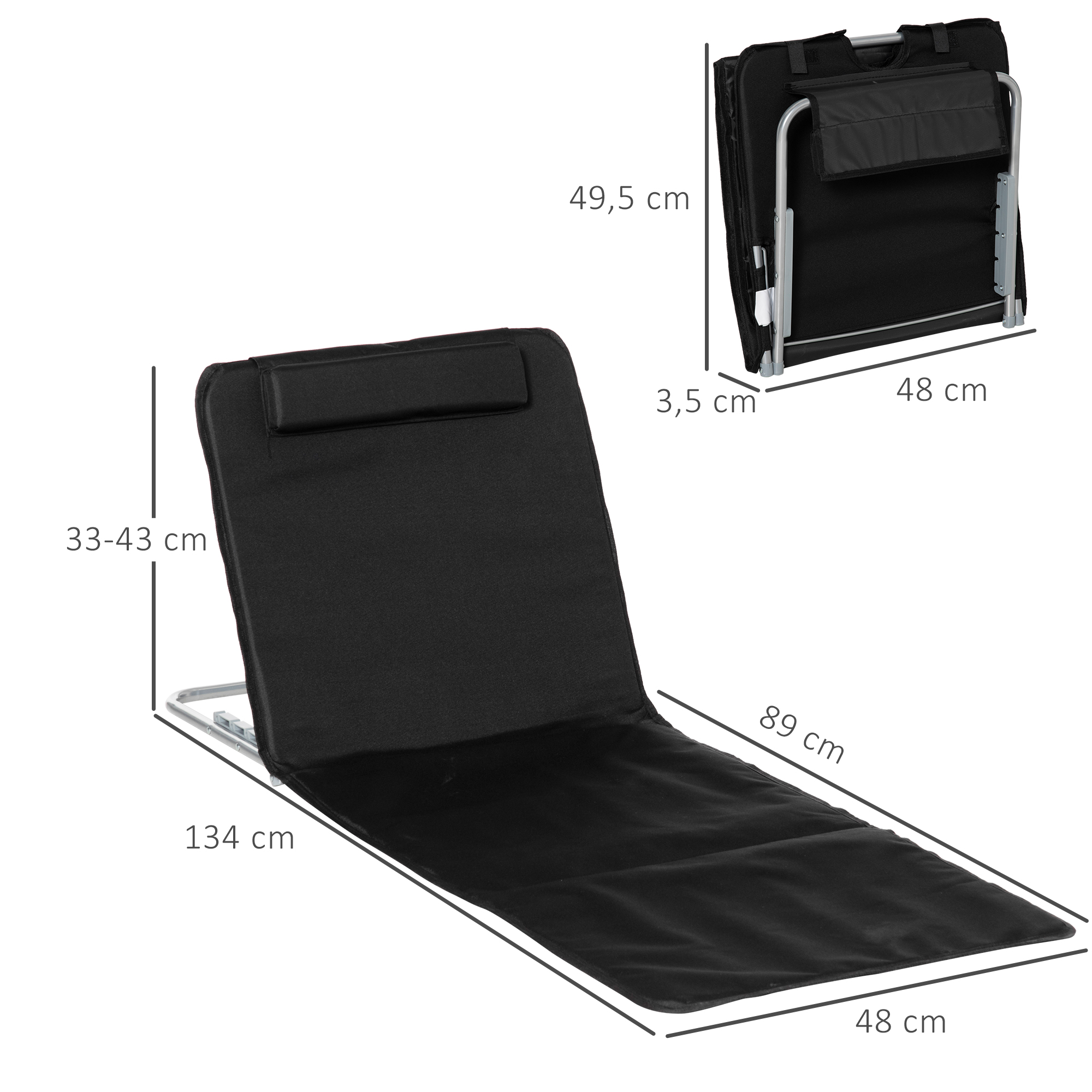 Strandliege Sonnenliege Gartenliege, klappbar, verstellbare Rücklehne, Seitentasche, 48 cm x 134 cm x 33-43 cm, Schwarz