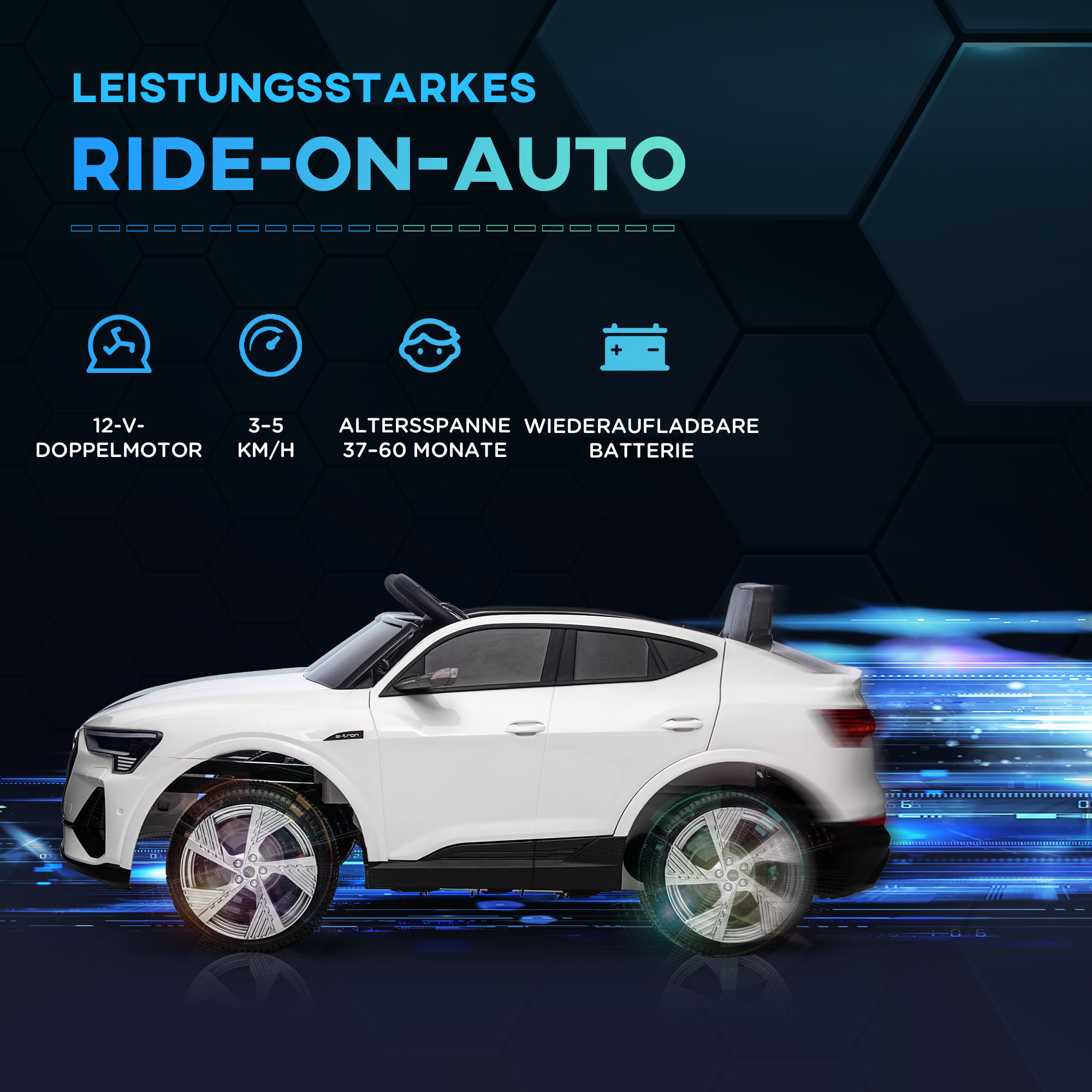 Kinderfahrzeug Audi E-tron Elektroauto mit Fernbedienung, Sicherheitsgurt, Musik (MP3/USB/TF), Kinderfahrzeug für Kinder 3-5 Jahre, 3-5 km/h, Weiß