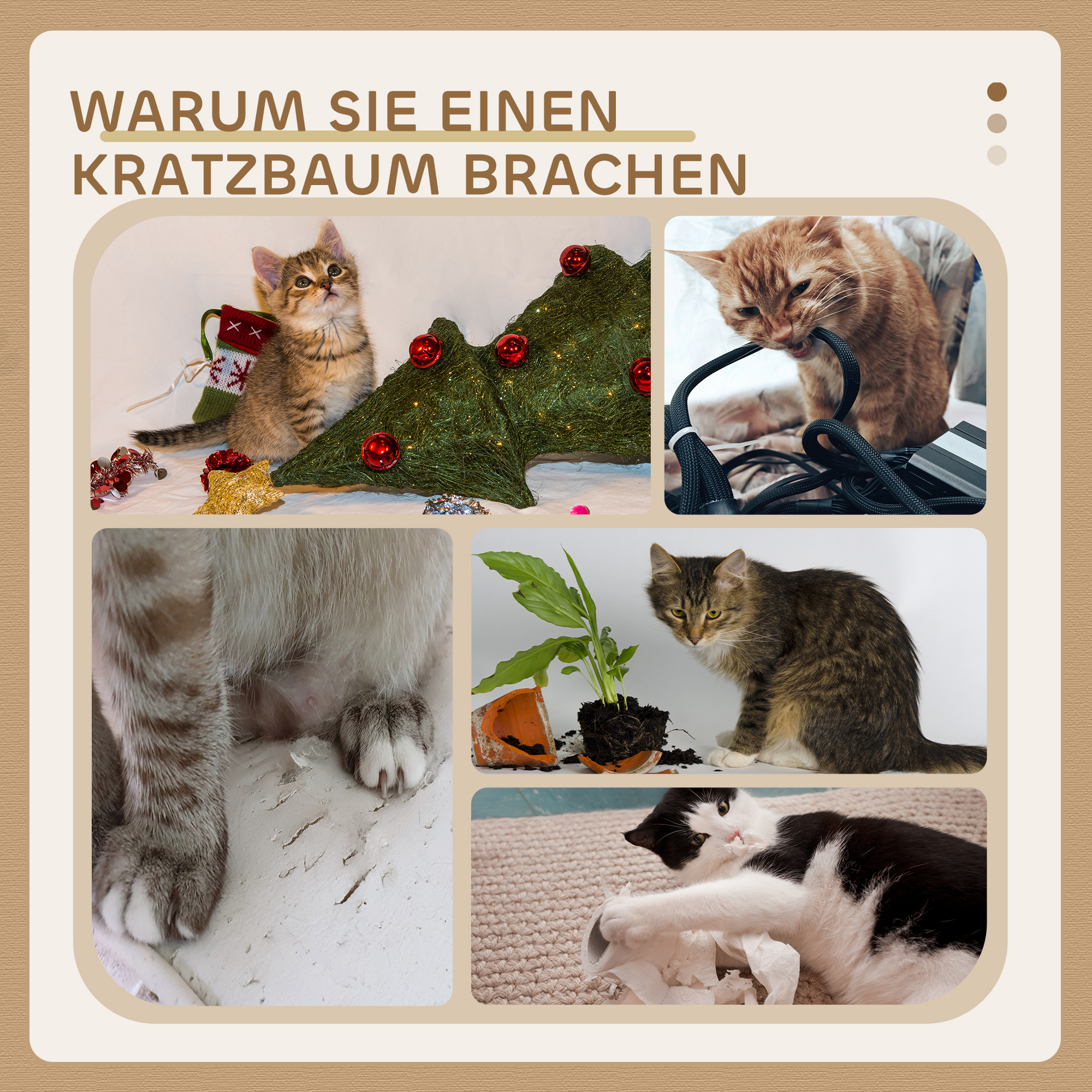 Kratzbaum 72 cm Katzenturm mit Plüschballen, Sisalstämme, Plattform, Kratzbrett Cremeweiß