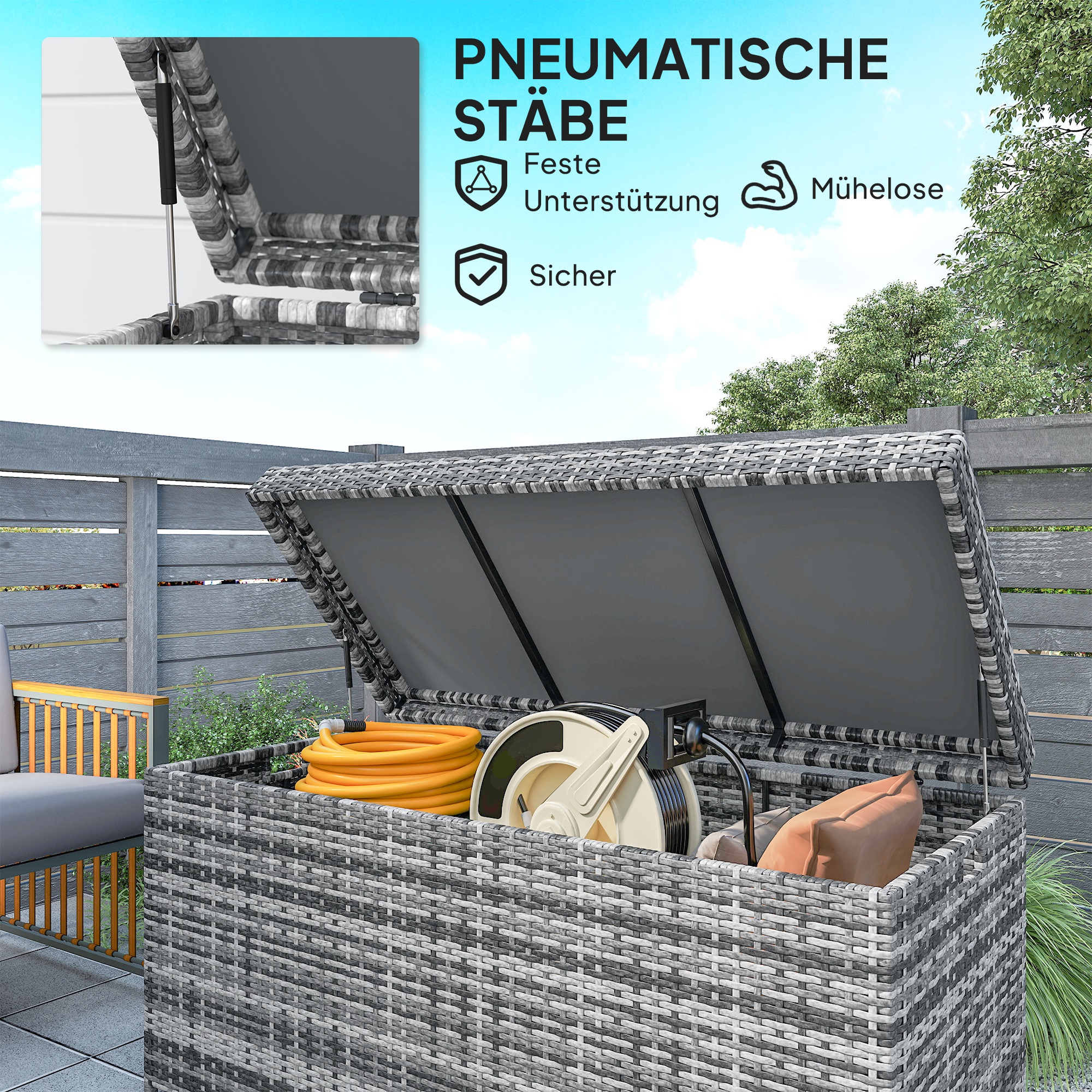 Rattan Auflagenbox 380L wetterfest Kissenbox mit Deckel Stauraum UV-beständig 130 x 61 x 65 cm Dunkelgrau