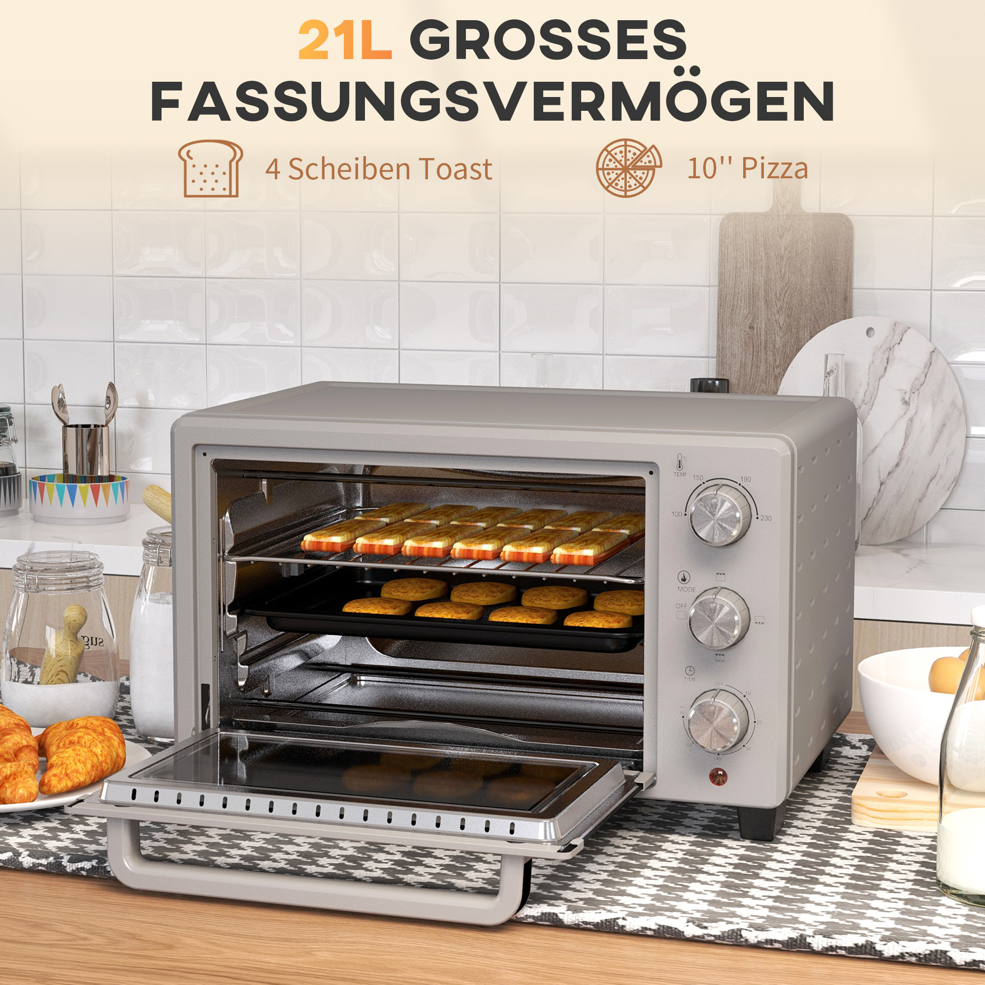 Minibackofen, 21 L Toasterofen mit 1 Drahtgestell und 1 Backblech, 3 Kochmodi, 100 °C-230 °C, Edelstahl, Glas, Silber