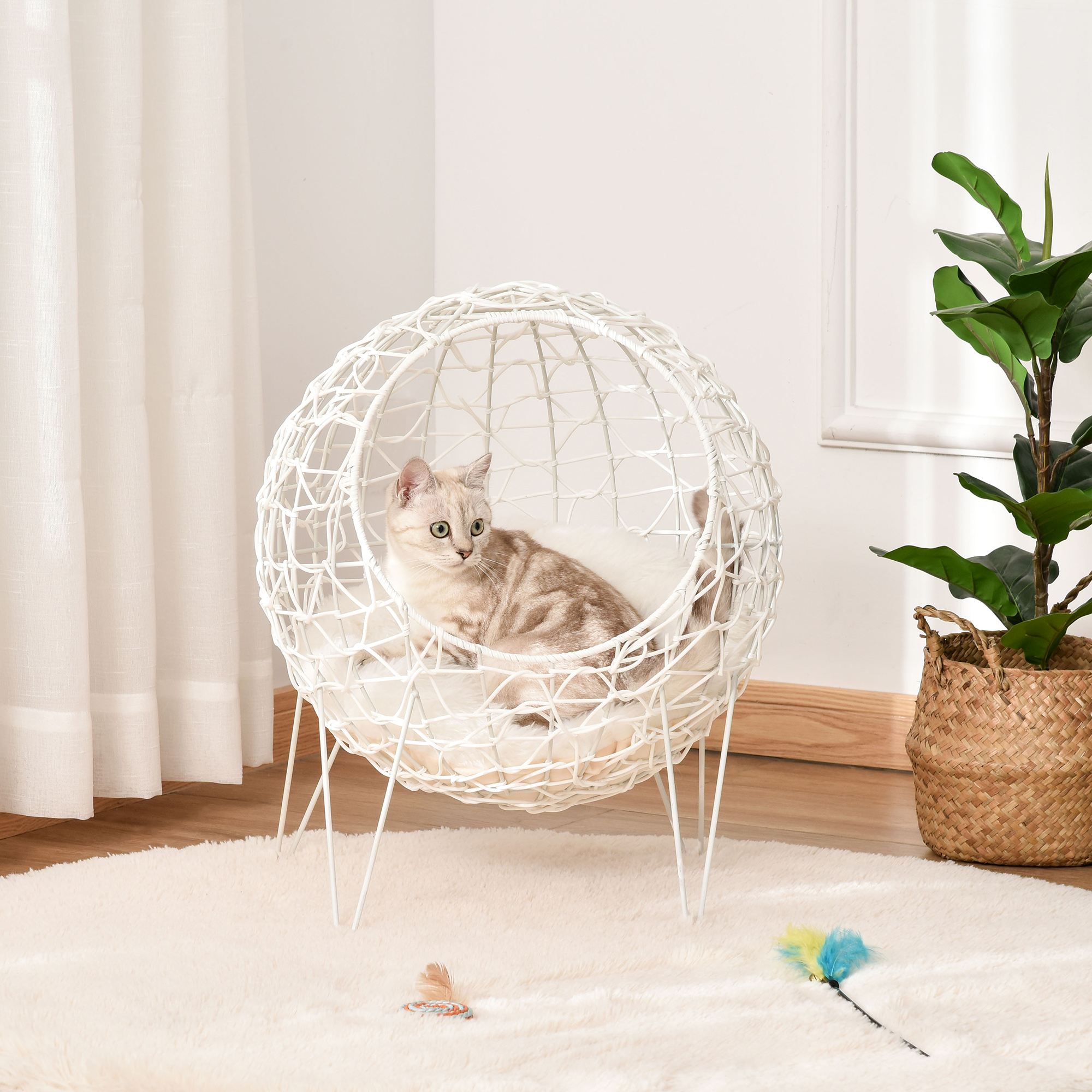 Rattan Katzenkorb Katzenhöhle Katzenhütte Katzenbett mit Kissen erhöhtes Design Haustierbett Cremeweiß Ø45 x 57H cm