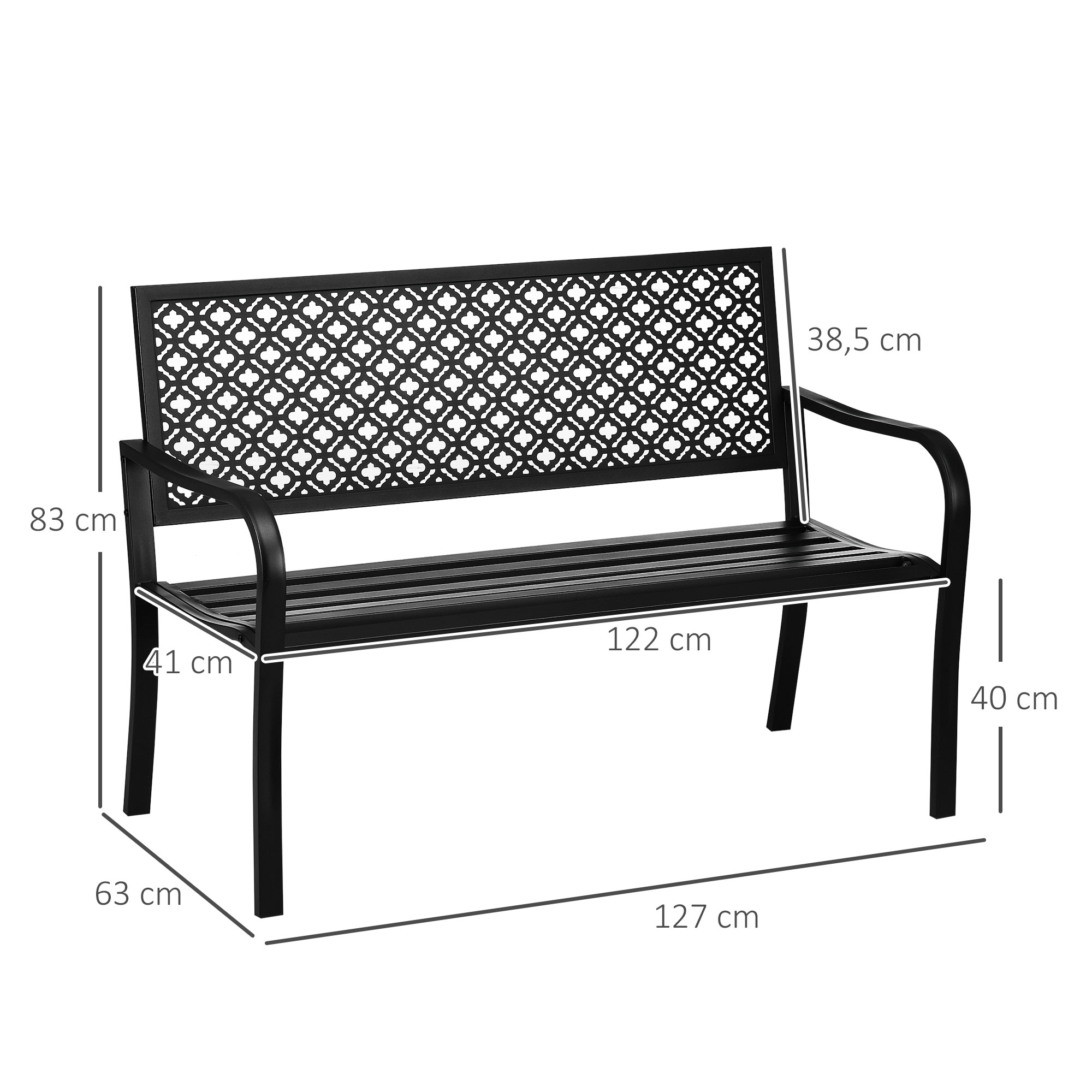 Gartenbank aus Metall, 2-Sitzer, Blumenmuster, wetterbeständig, 127 x 63 x 83cm, Schwarz