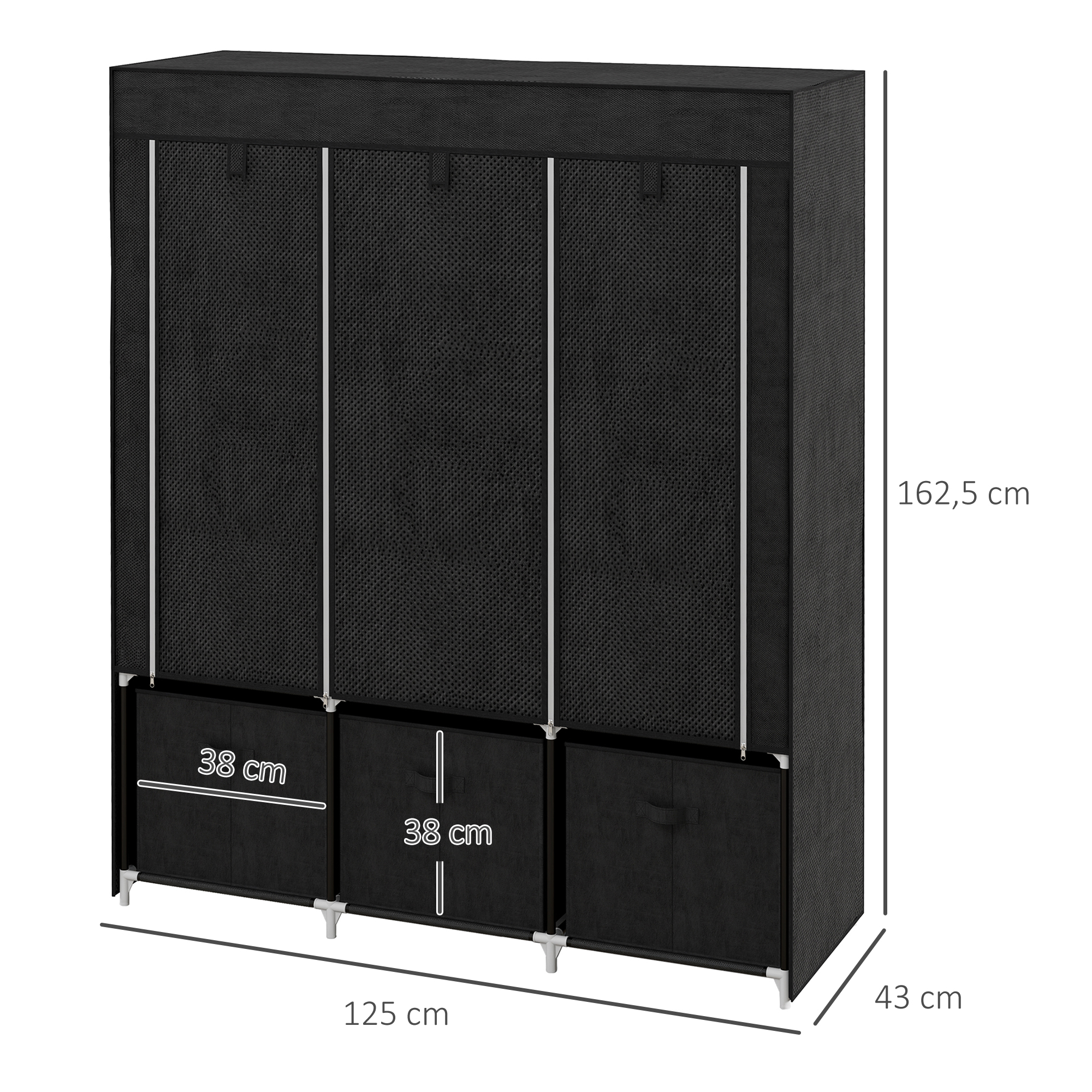 Stoffschrank aus Vlies, Faltschrank, inkl, 3 Schubladen, 125 cm x 43 cm x 162,5 cm, Schwarz