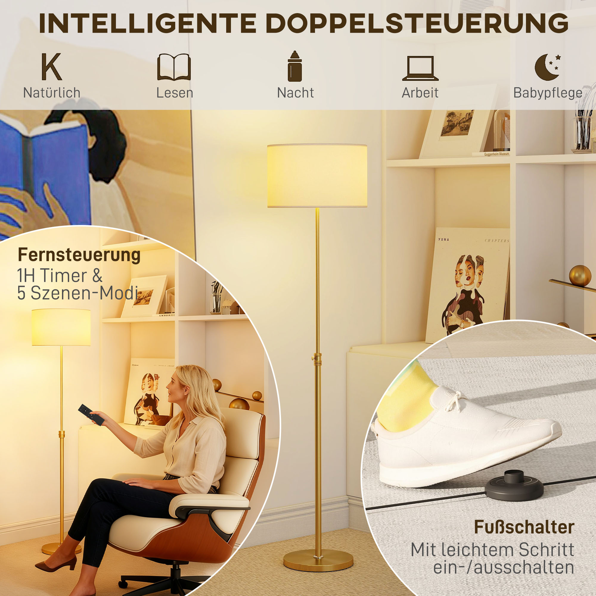 Stehlampe mit Fernbedienung, höhenverstellbar, Stoffschirm, Metallständer, anpassbare Helligkeit, Fußschalter, Goldfarben