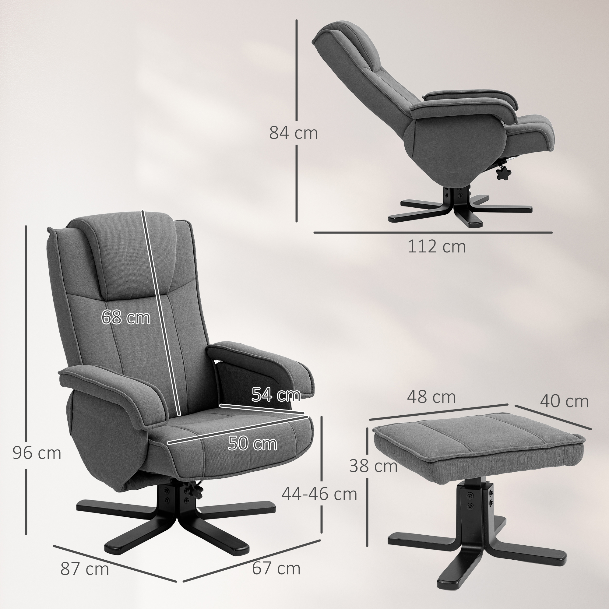 Schaukelbarer Relaxsessel mit Fußhocker, Stoffbezug in Samtoptik, drehbarer Polstersessel, Holzgestell, Grau