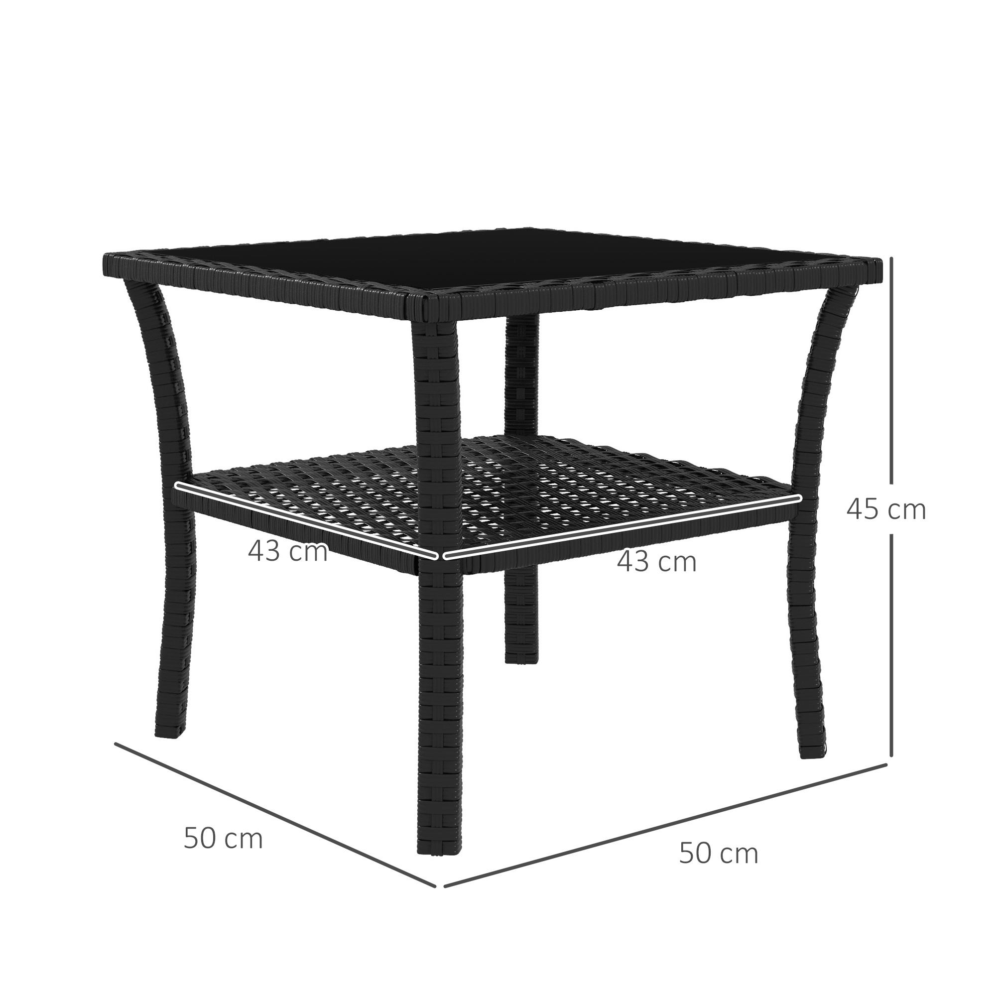 Polyrattan Gartentisch, 50 x 50 x 45cm, wetterfest Beistelltisch für 4 Personen, Quadratisch mit Ablage Glasplatte
