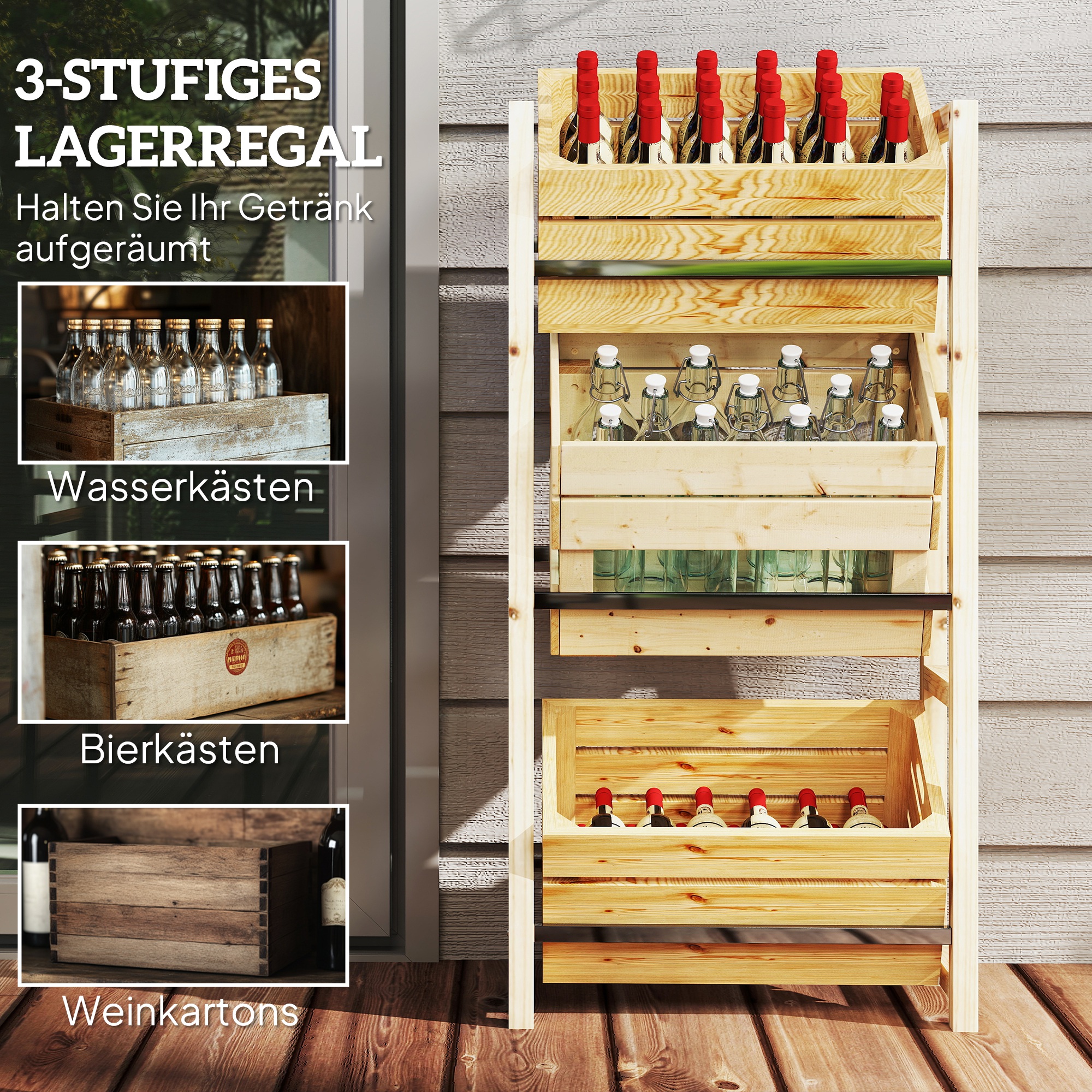 Getränkekistenregal für 3 Getränkekisten Getränkeregal Holz Kistenregal mit 3 Ebenen 56 x 32 x 112 cm Naturholz