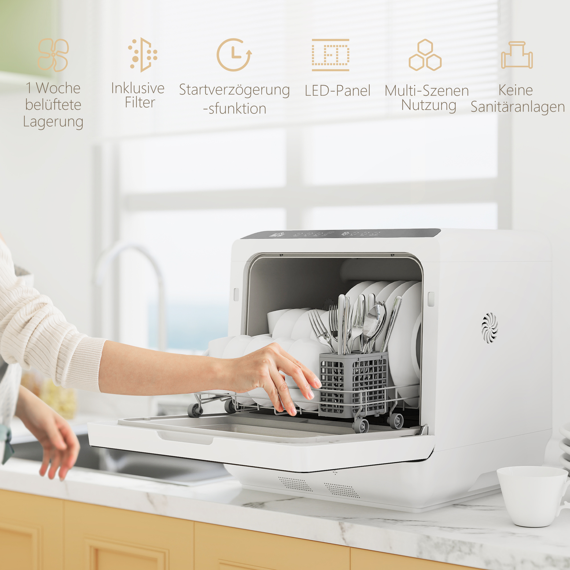 Tischgeschirrspüler, Mini-Geschirrspüler mit 6-Liter-Tank, 5 Programme, LED-Anzeige, Trocknungsfunktion, Weiß