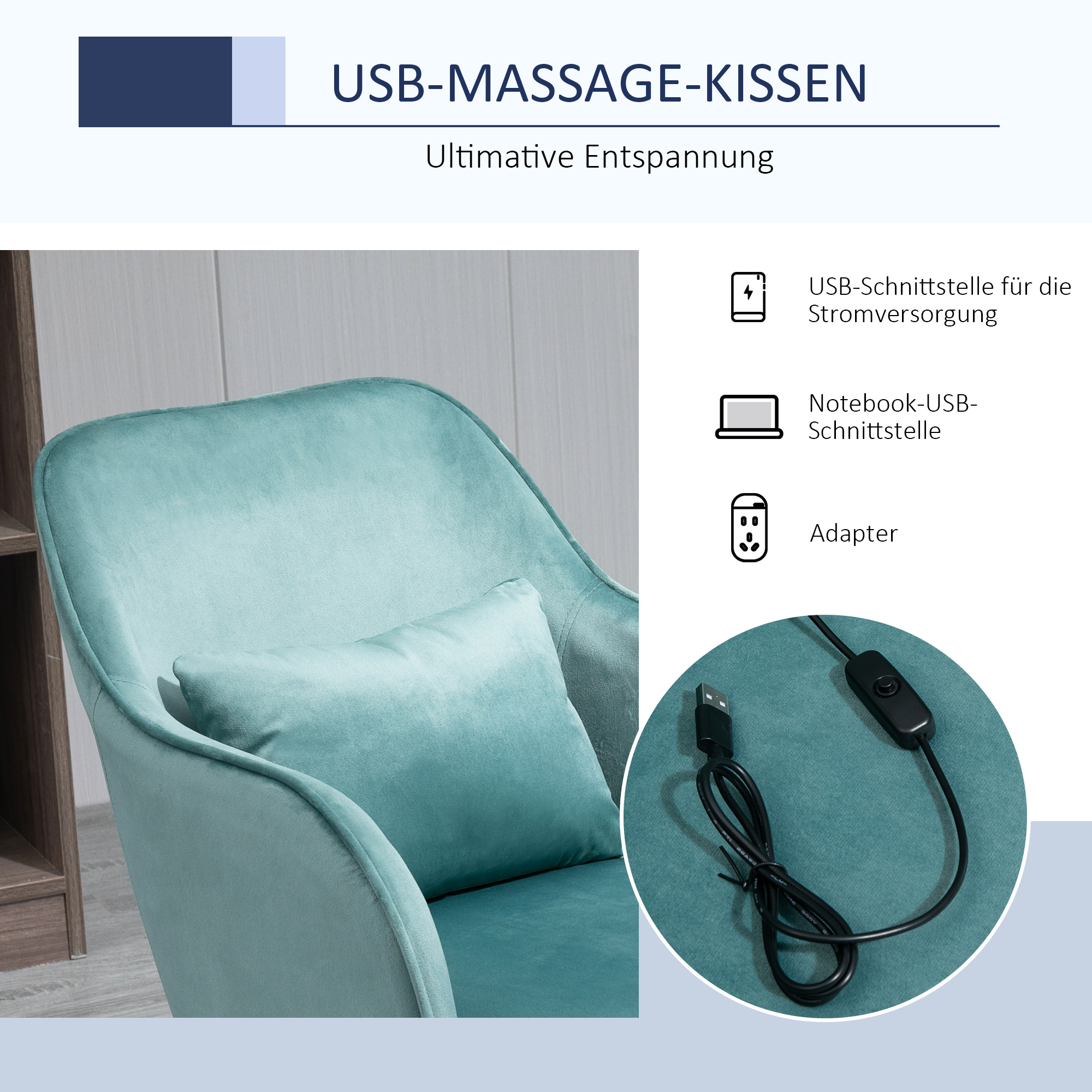 Massage-Bürostuhl in Samtoptik Lendenkissen mit Vibrationsmassage bis 115 kg USB-Schrittstelle höhenverstellbar 57B x 70T x 78-86H cm Grün
