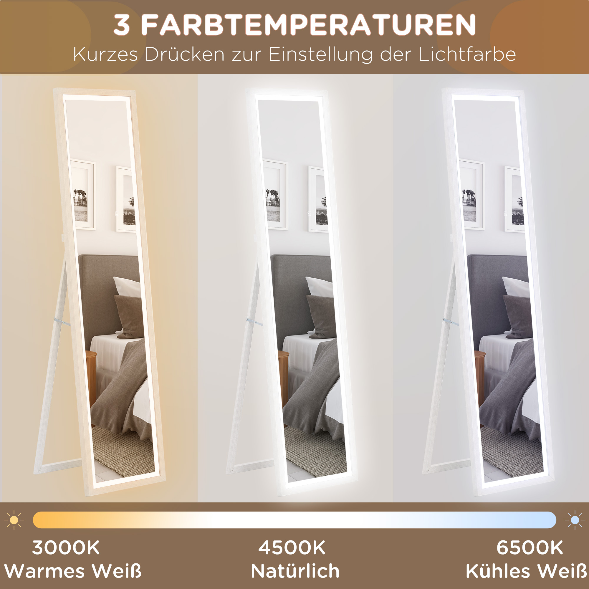 Ganzkörperspiegel, 40x160 cm, LED-Beleuchtung, Touch-Steuerung, dimmbar, 3 Farben, Weiß