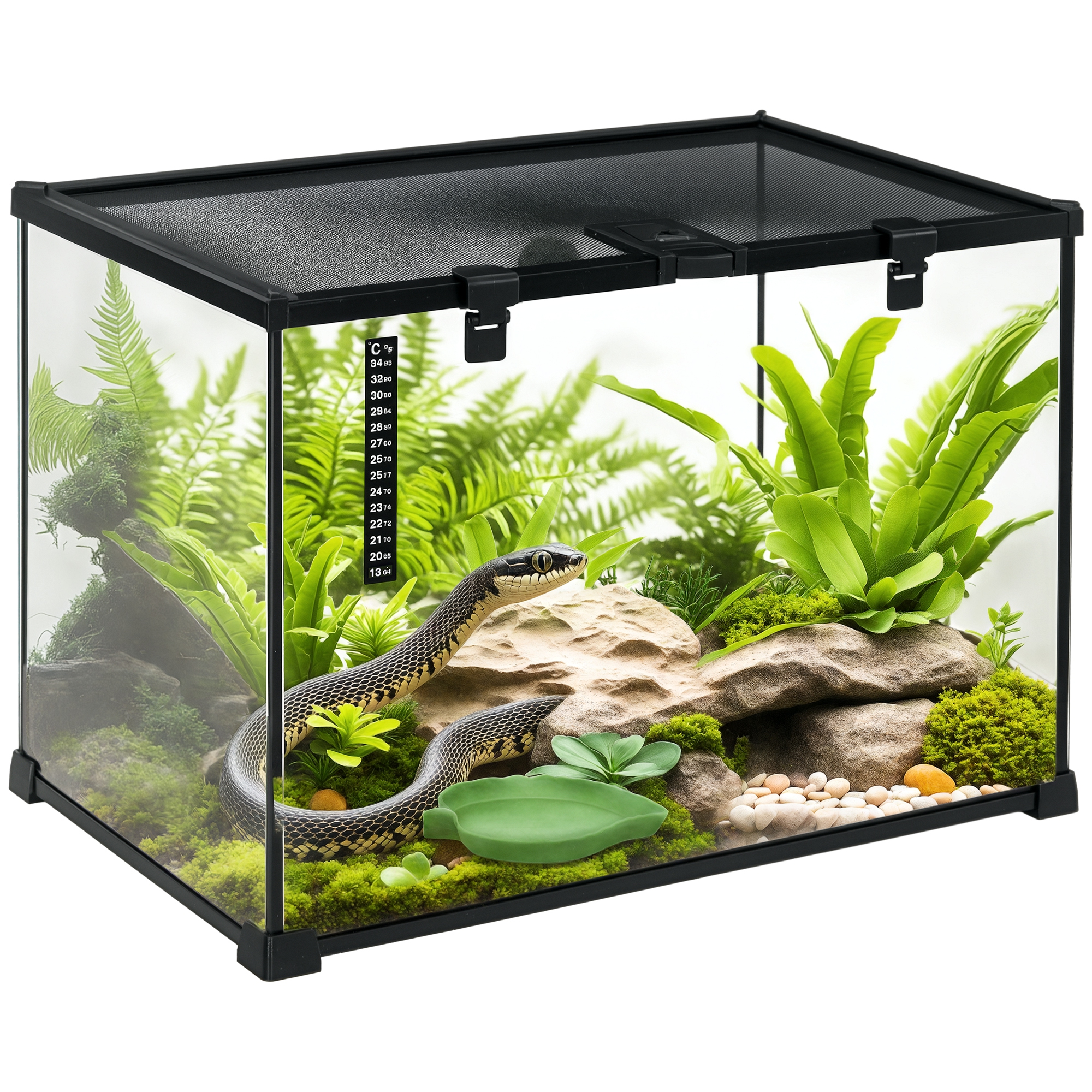 Terrarium für Reptilien Reptile Fütterungsbox Glasterrarium Amphibien Spinnentiere mit Thermometer Reptilienzuchtbox Metall Schwarz 50 x 30 x 35 cm