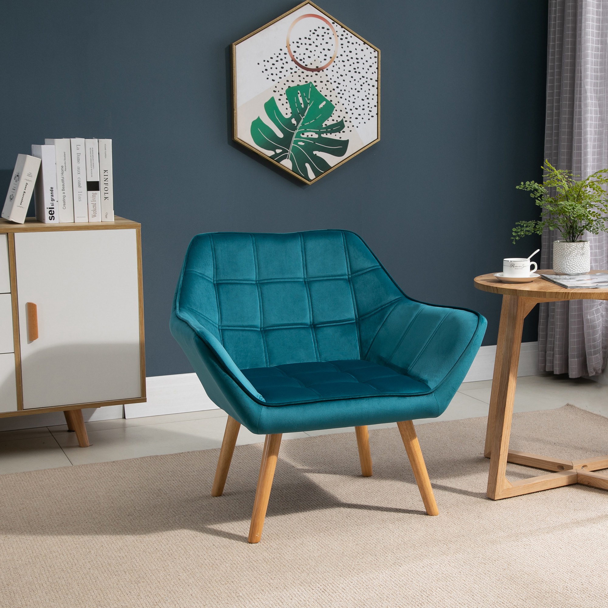 Sessel Wohnzimmer Ohrensessel Loungesessel Relaxsessel mit Gummiholzbeine, Lesesessel mit Samtoptik, Polstersessel für Schlafzimmer, skandinavisch, Hellblau