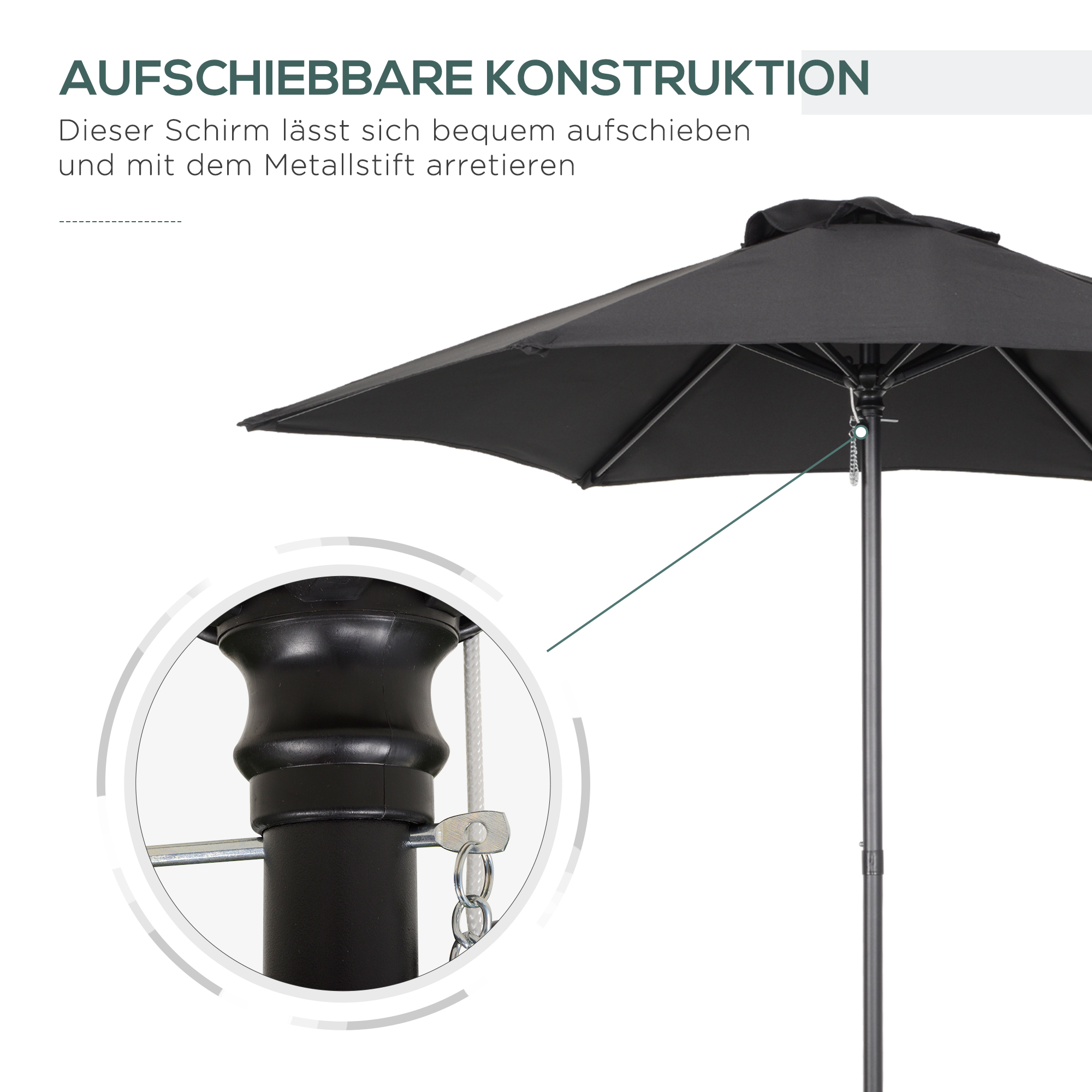 Sonnenschirm Ø196 cm, sechseckig Balkonschirm für Strand Balkon Garten, Schwarz