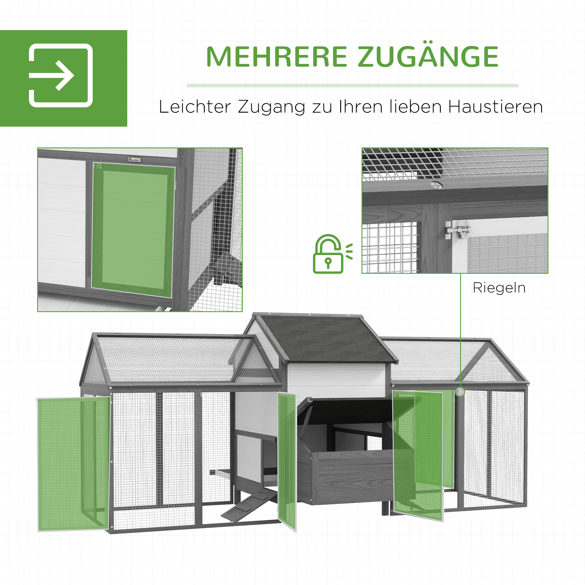 Hühnerstall Kleintierstall 2 Außengehege, 1 Nistkasten, 2 Rampen,Asphaltdach, wetterbeständig, Grau
