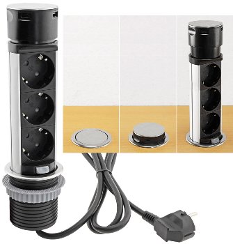 Schreibtisch-Einbausteckdose, rund Mini, versenkbar, Edelstahl, 3x Steckd,USB A+C