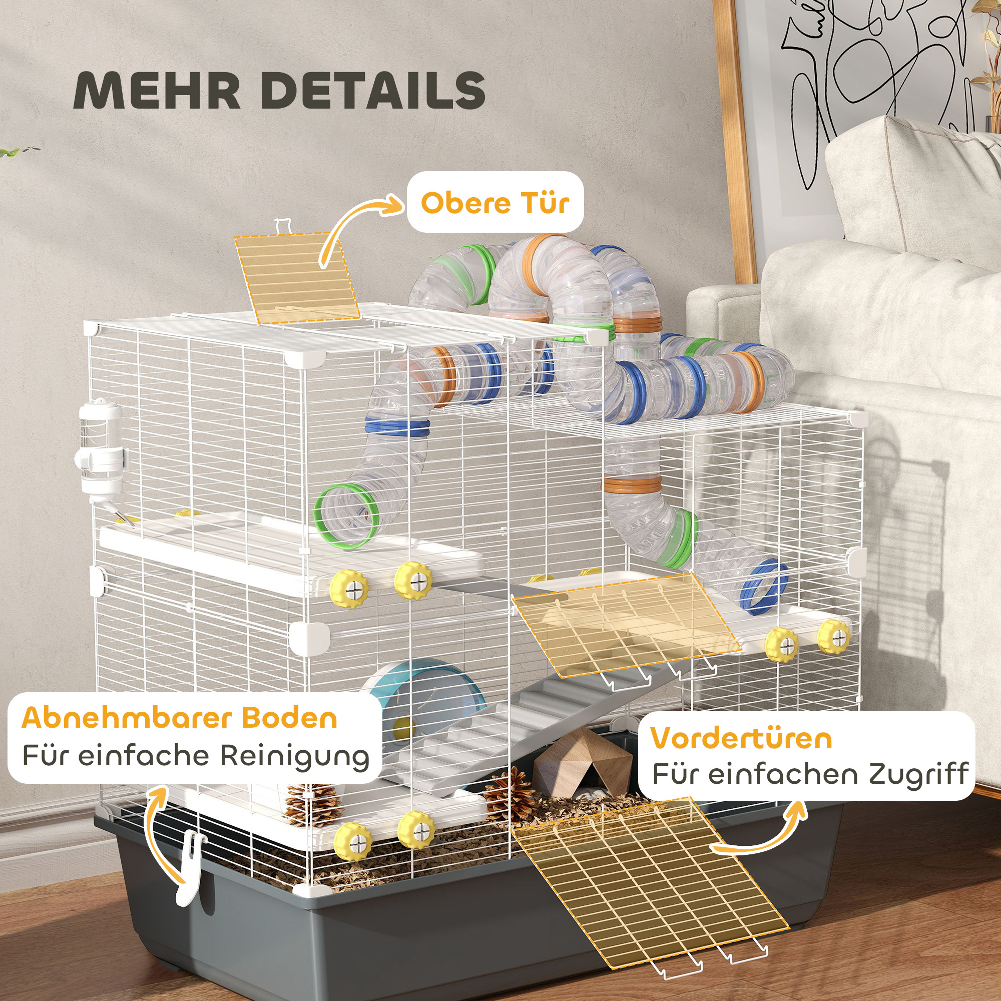 Zwerghamsterkäfig, 4 Ebenen, Tunnelsystem, Hütte, Zubehör, obere Öffnung, 78 x 45 x 73 cm, Grau