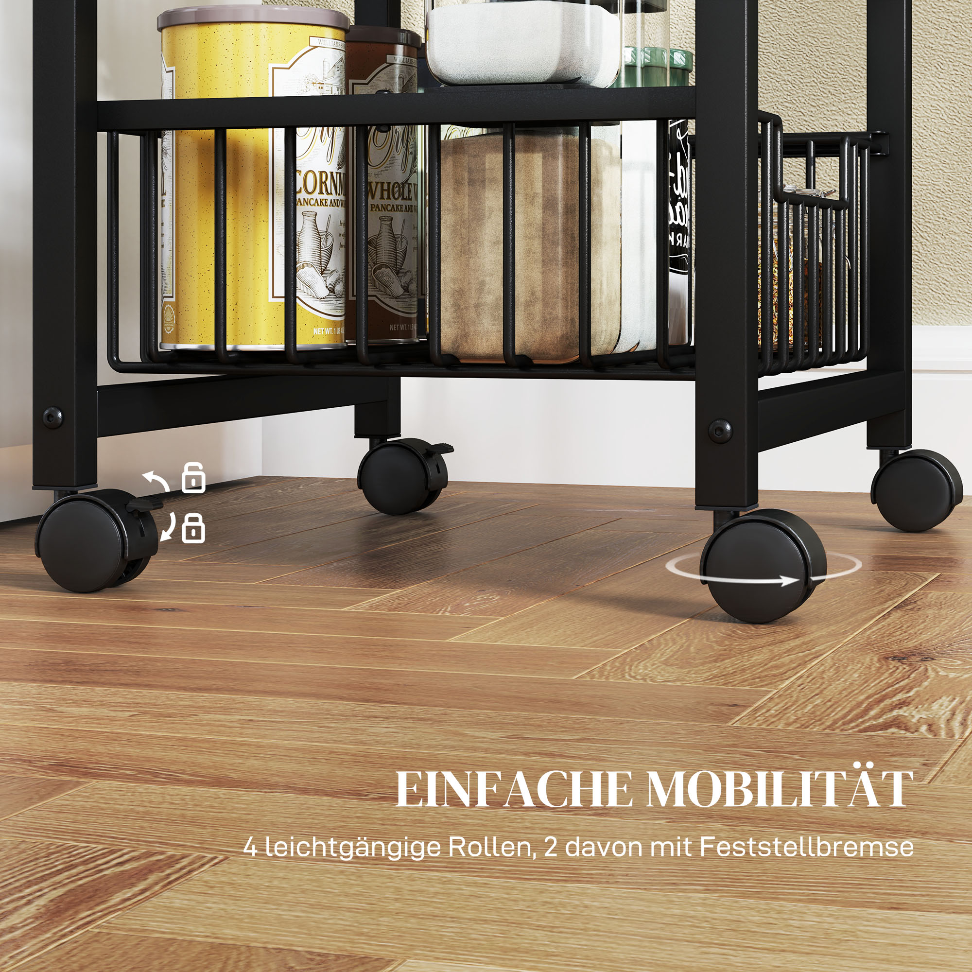 4-stufige Küchenwagen auf Rädern, Rollbarer Servierwagen, Küchen-Trolley mit 4 Stahlkörben, Servierwagen