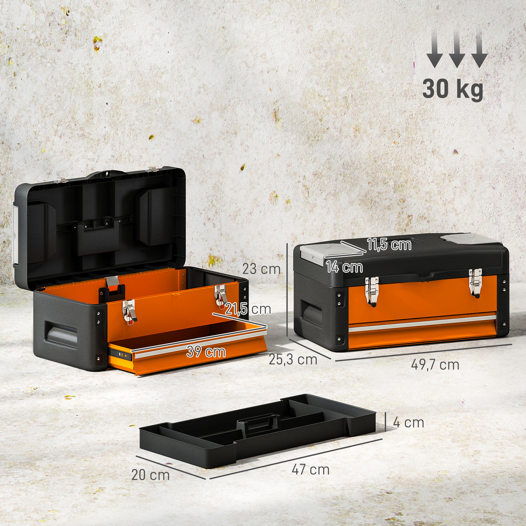 Werkzeugkiste leer, 49,7 x 25,3 x 23 cm Werkzeugkasten mit Schublade, Mini-Box Stahl Orange