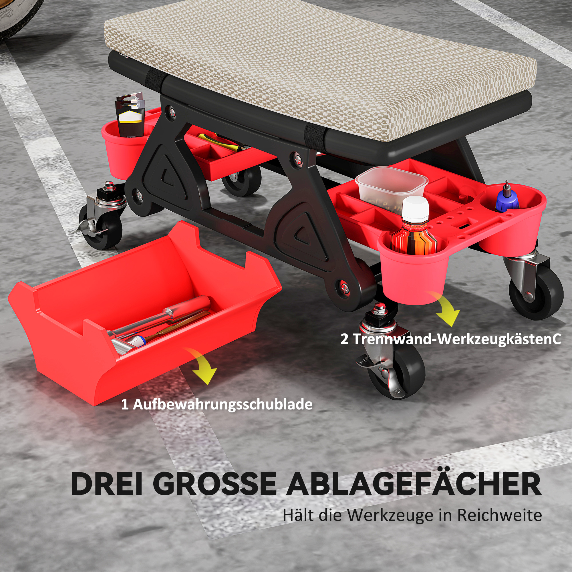 Werkstatthocker mit Rollen Ablagefläche 35cm hoch Rollhocker bis 135 kg belastbar Grau