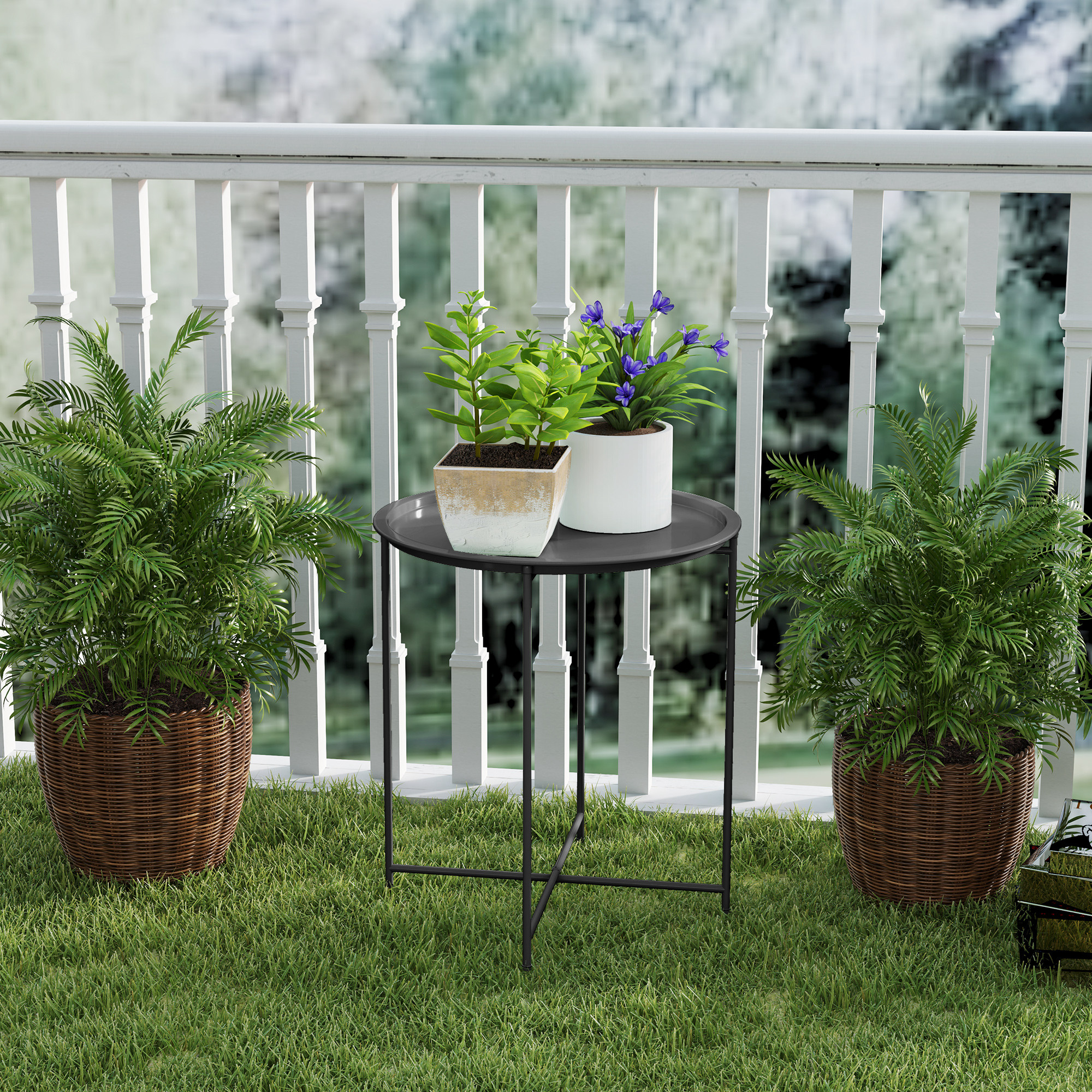 Gartentisch, Runder Außen-Beistelltisch aus Stahl mit herausnehmbarem Tablett, faltbares Design, Terrassentisch, Schwarz