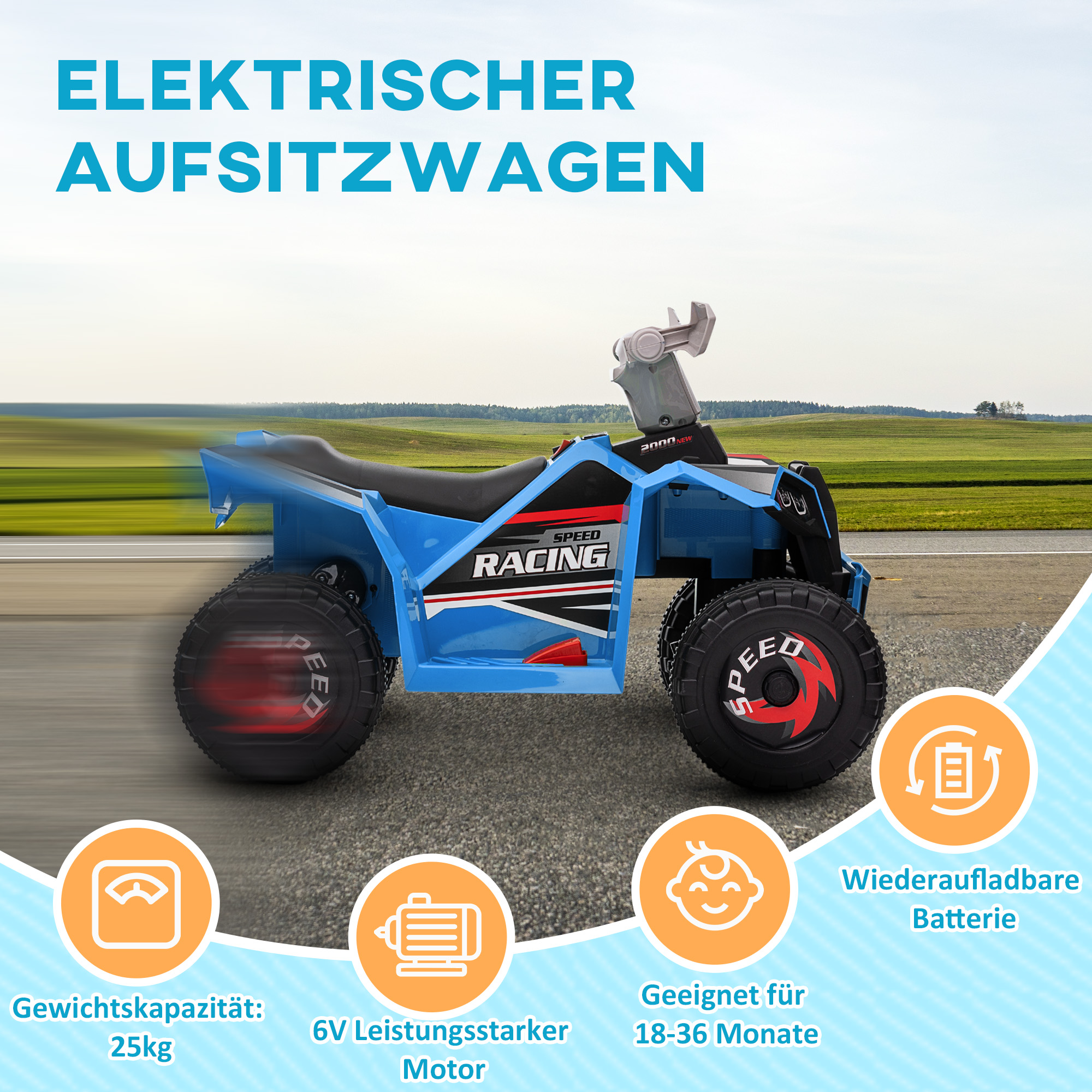 Kinderquad, 2,5 km/h, Vorwärts- & Rückwärtsgang, für 18-36 Monate, Blau