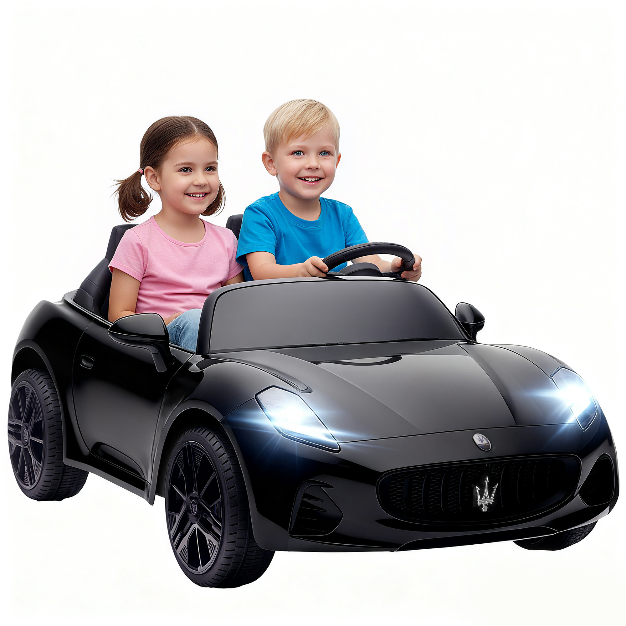 Maserati Elektroauto für Kinder, 2-Sitzer, 12V Batteriebetrieb, Fernbedienung, LED-Lichter, Musikfunktion, Schwarz