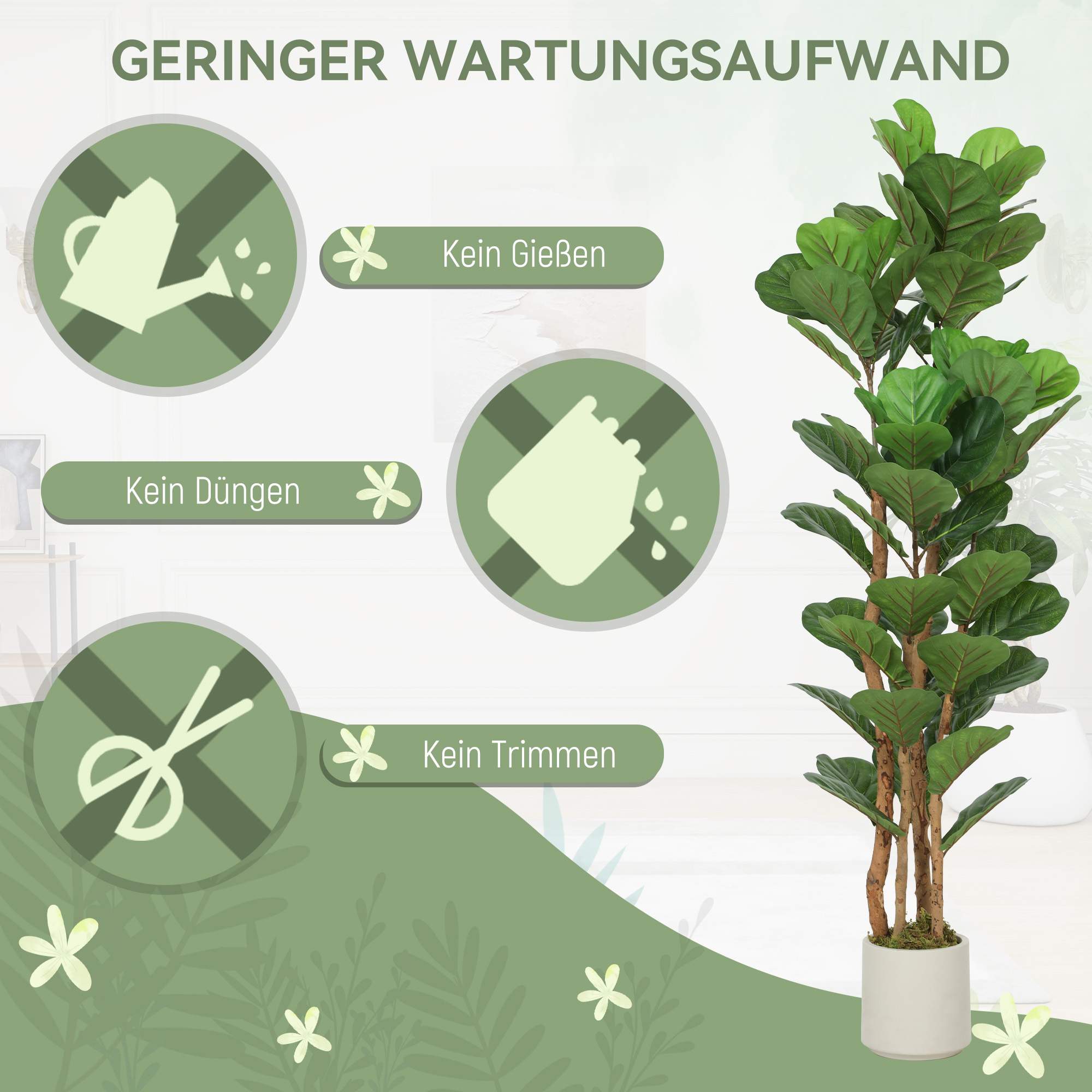 Künstlicher Geigenfeigenbaum Kunstpflanze mit 71 Blättern, Massivholzstamm, Topf, 50 x 50 x 150 cm, Grün