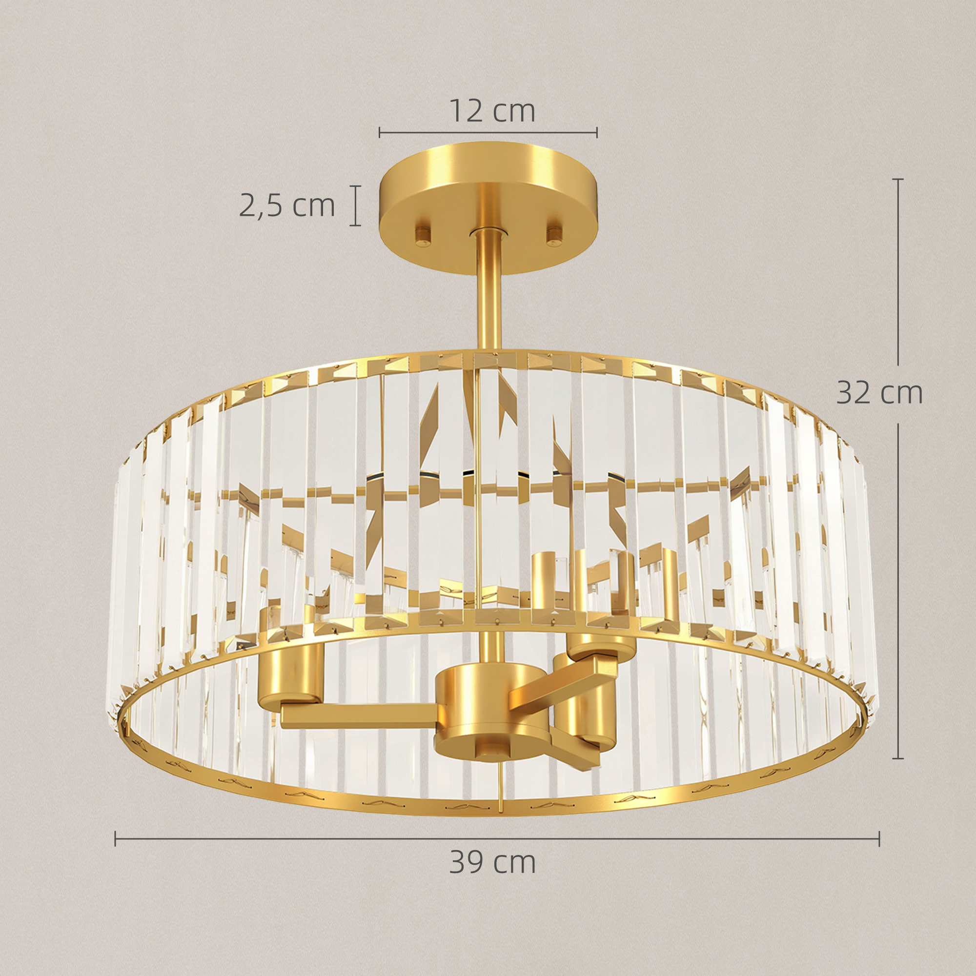Deckenlampe, Kronleuchter-Design, Kristallschirm, 3 Glühbirnen, Metall, Goldfarben