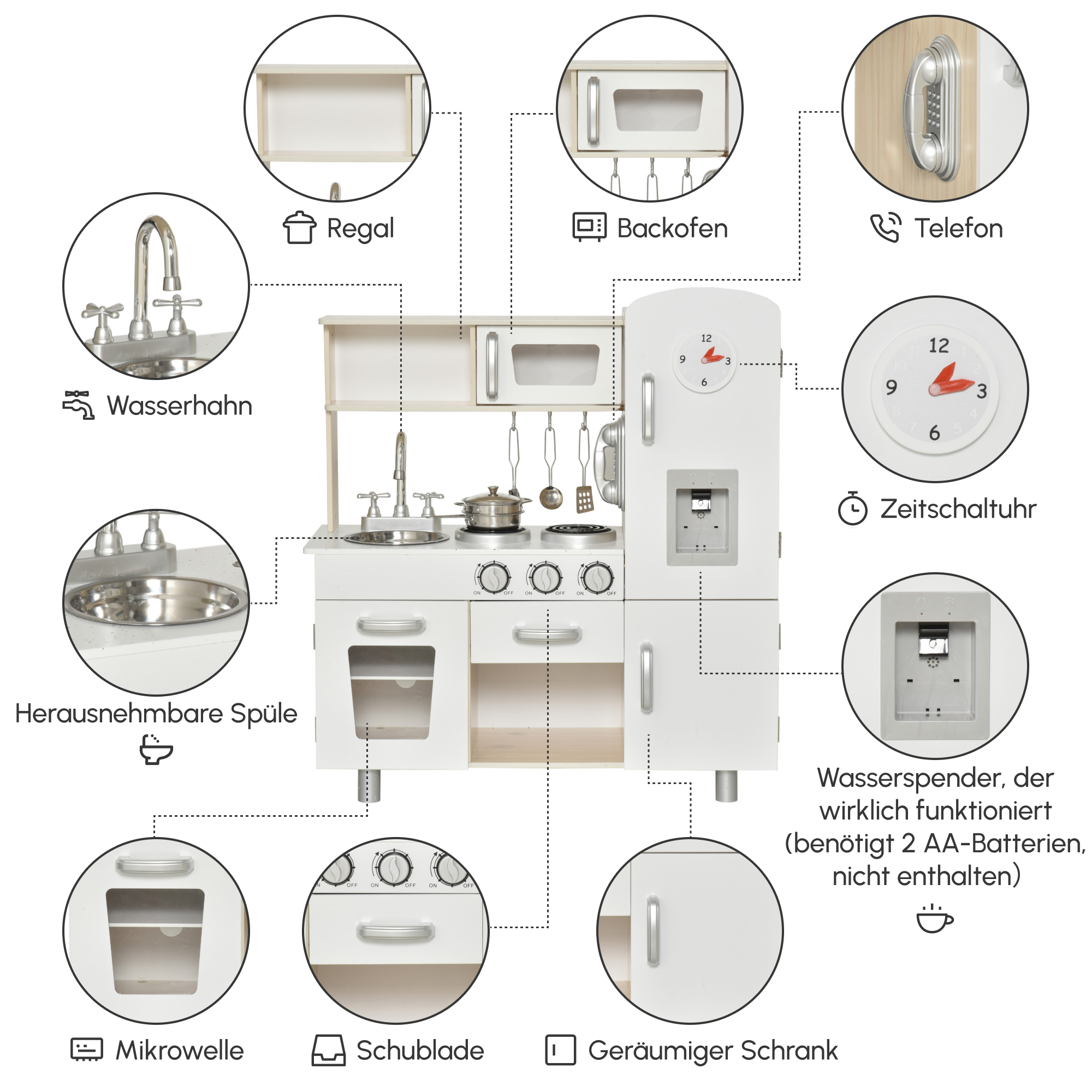 Kinderküche mit Zubehör, Traumküche, Spielküche, Spielzeugküche für Kinder ab 3 Jahren, Kiefer, MDF, Weiß, 74 x 30 x 81 cm