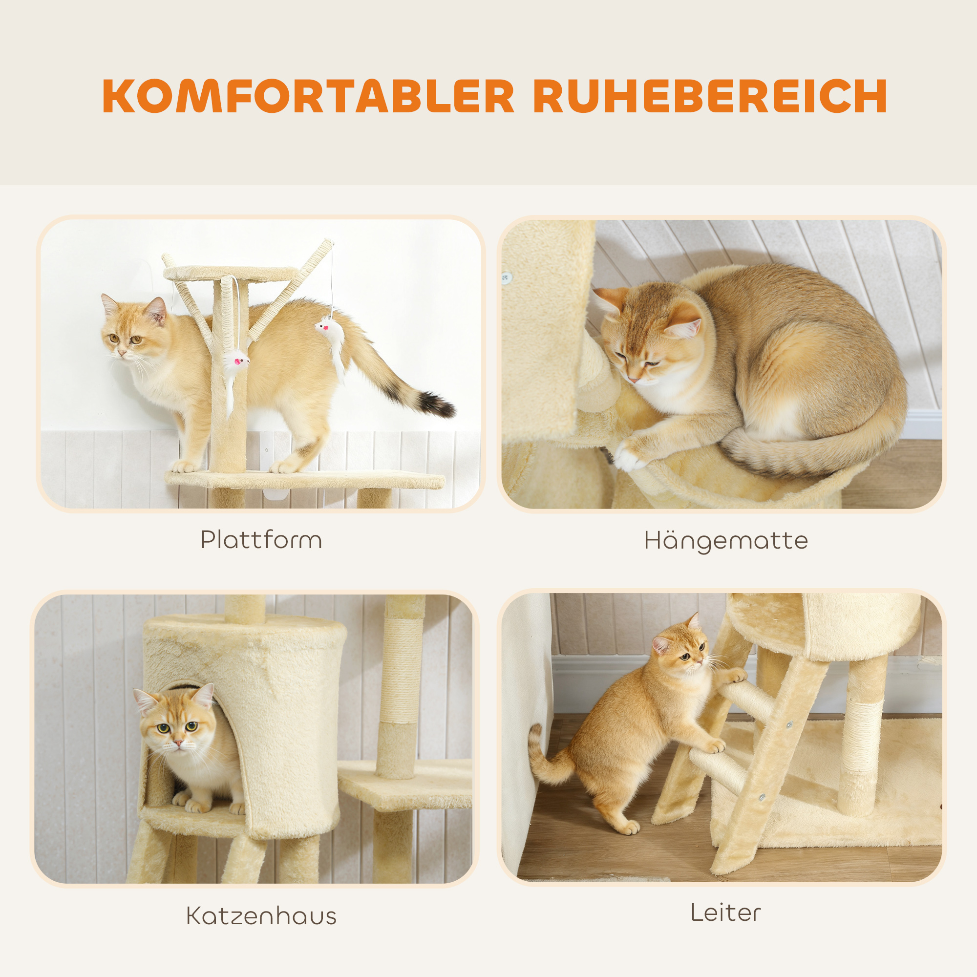 Kratzbaum Katzenbaum mit Höhle, 4 Spielzeuge, Sisalstämme, große Plattform, Treppe, für Katzen unter 5 kg, Beige