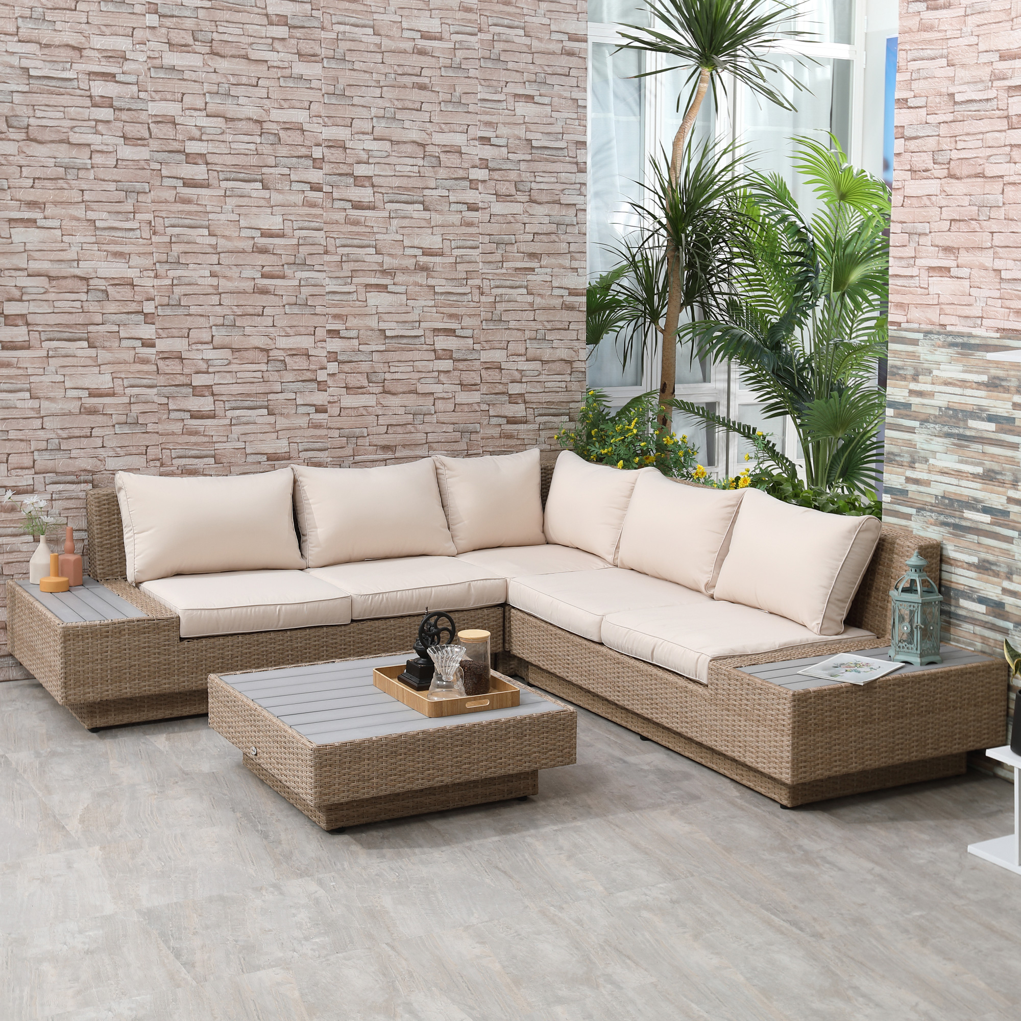 4-tlg, Luxus Polyrattan Gartengarnitur Gartenmöbel Garten-Set Sitzgruppe Loungeset Loungemöbel inkl, Ablagen und Beistelltisch Sitzkissen Braun