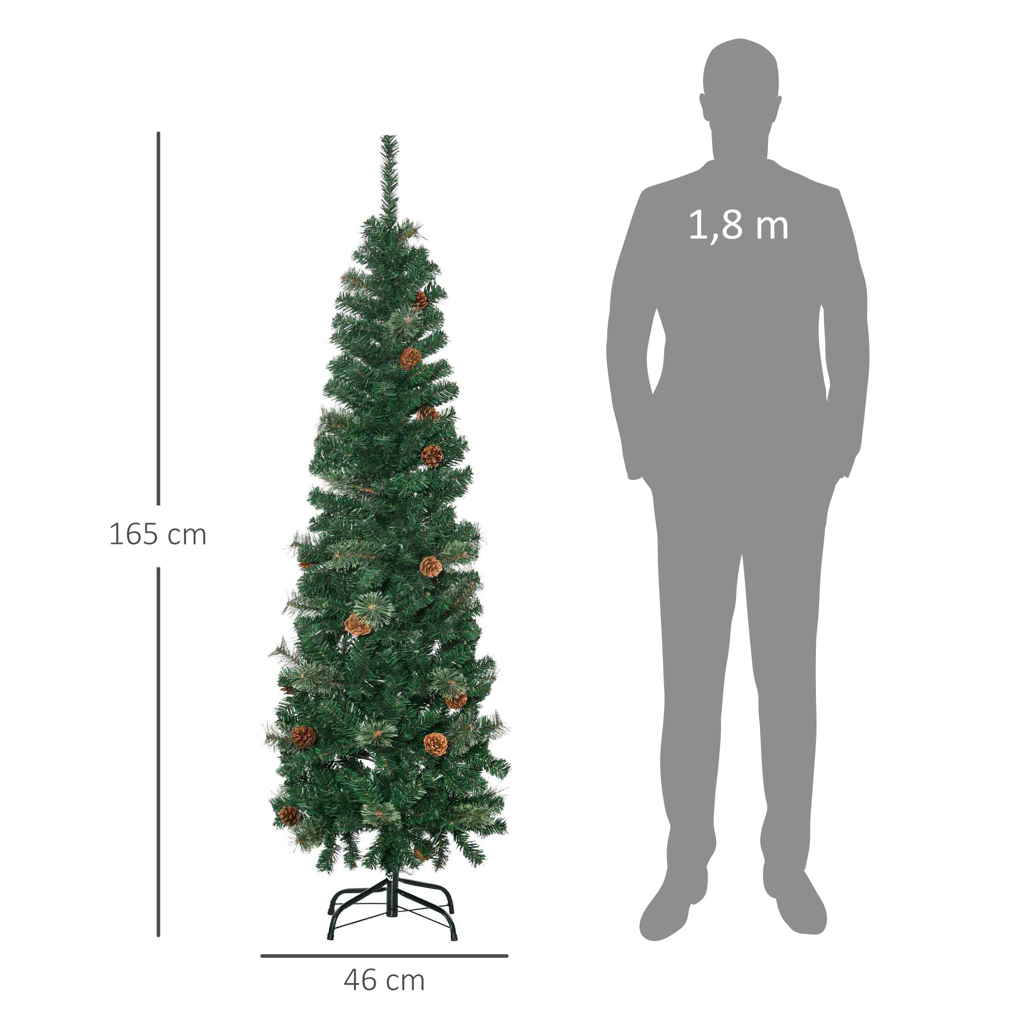 Künstlicher Weihnachtsbaum, schlank, Tannenzapfen, flammenhemmend, 46 x 165 cm, Grün
