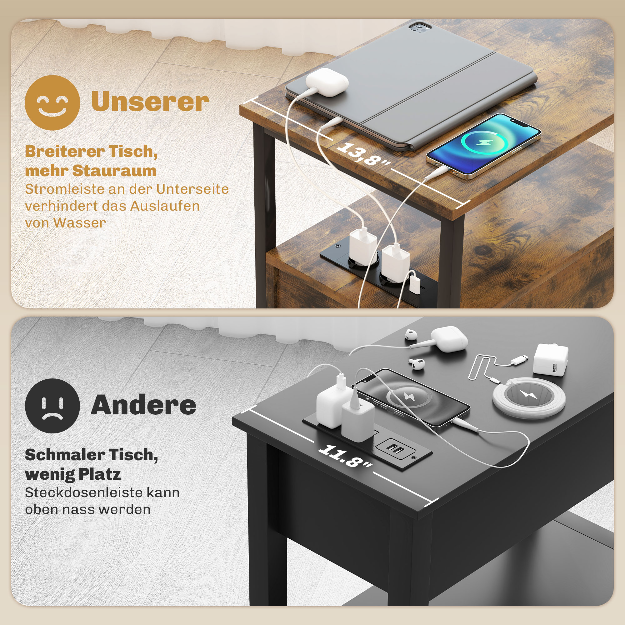 Beistelltisch mit Aufladestation, USB-Anschlüssen, Steckdosen, 2 Schubladen und Regal für Wohnzimmer, Schlafzimmer