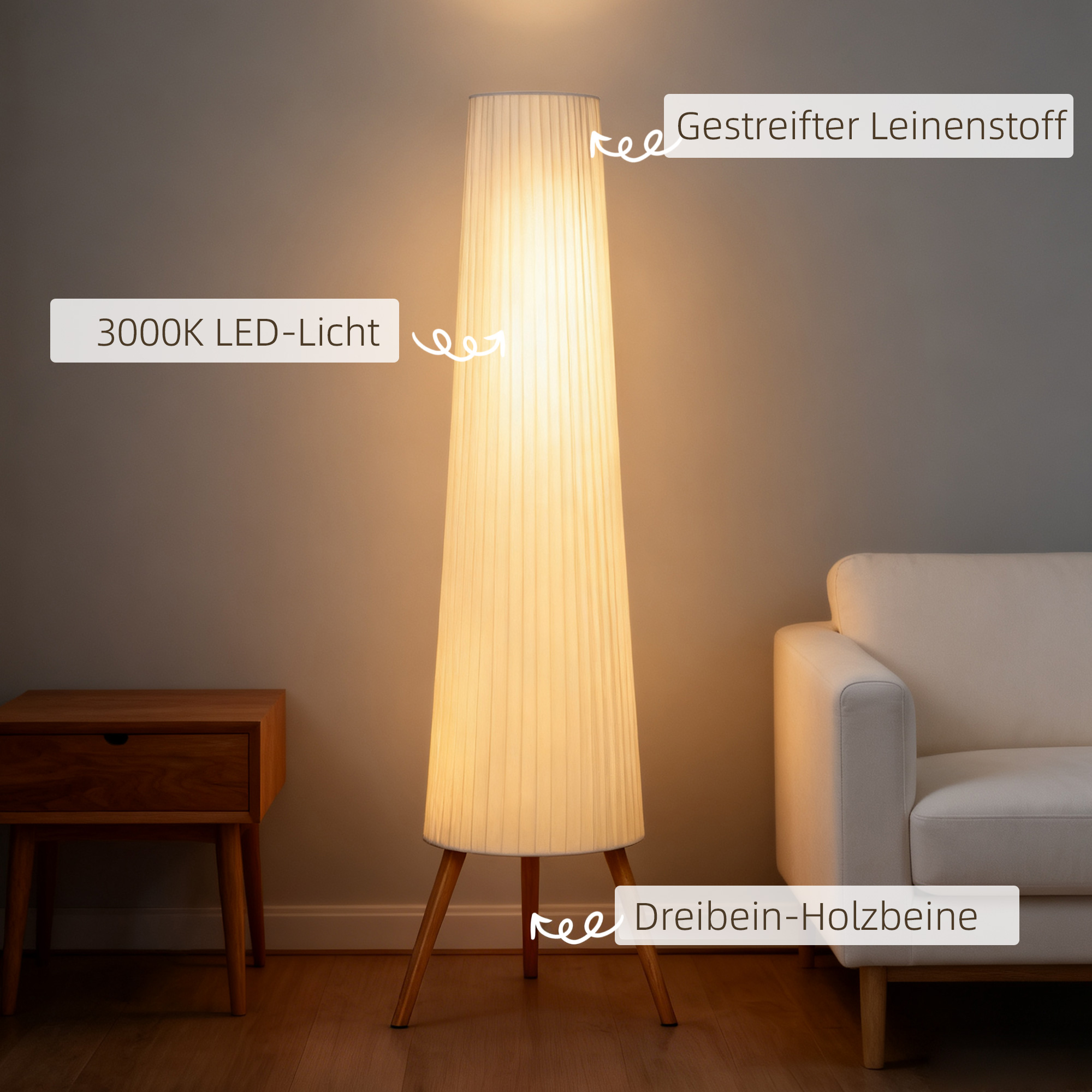 LED Stehlampe Wohnzimmer Dimmbar Holz mit Dreibein, Stehleuchte mit Fußschalter, 46 x 46 x 153 cm, Weiß