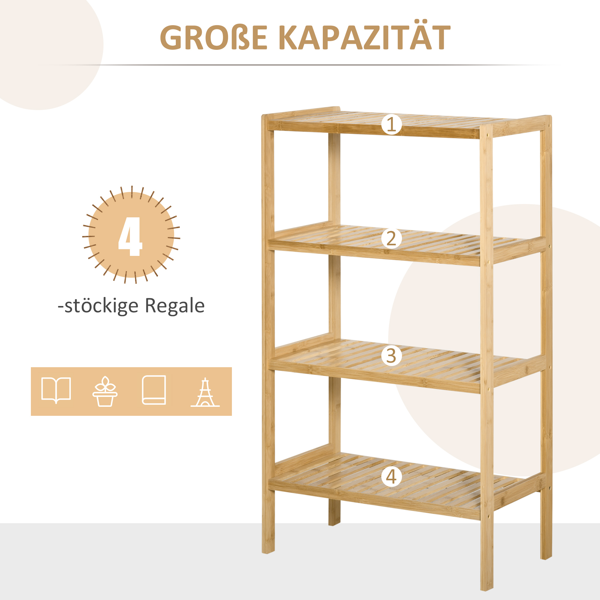 Standregal Bücherregal 4-stufiges Bambusregal Büroregal Lagerregal Aktenregal Küchenregal für Bad Küche Wohnzimmer Schlafzimmer Bambus Natur 62 x 33 x 112 cm
