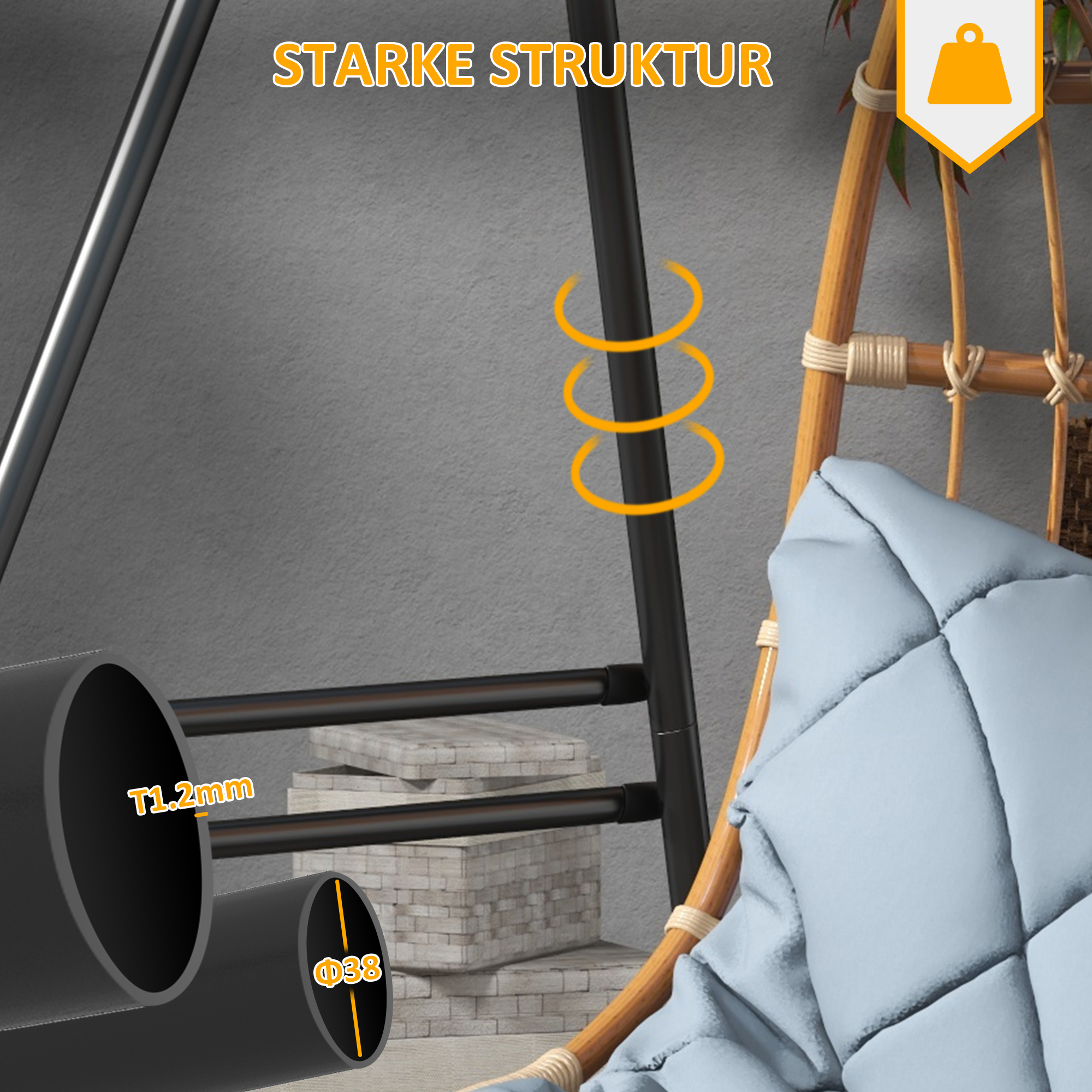 Hängestuhlgestell, robust & wetterfest, Indoor & Outdoor, bis 150 kg, Stahl, 178 x 143 x 180 cm, Schwarz