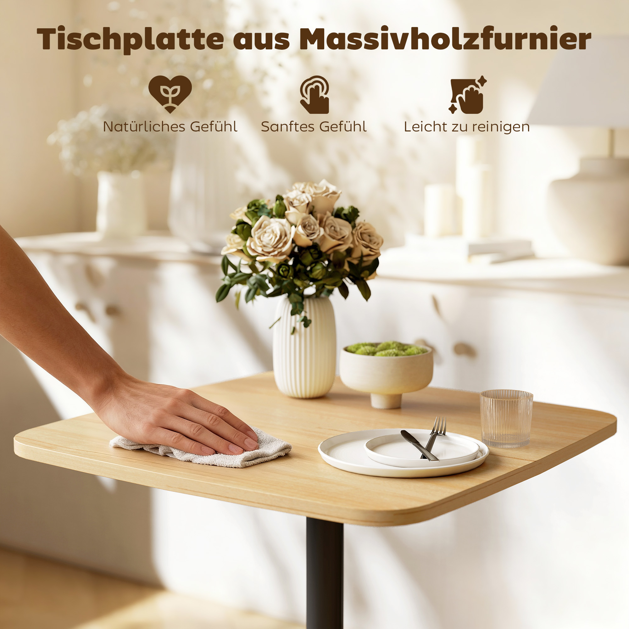 Kleiner Esstisch, 60 cm, quadratisch, MDF-Tischplatte, Stahlsockel, für Wohnzimmer, Esszimmer, Küche, Naturholz+Schwarz