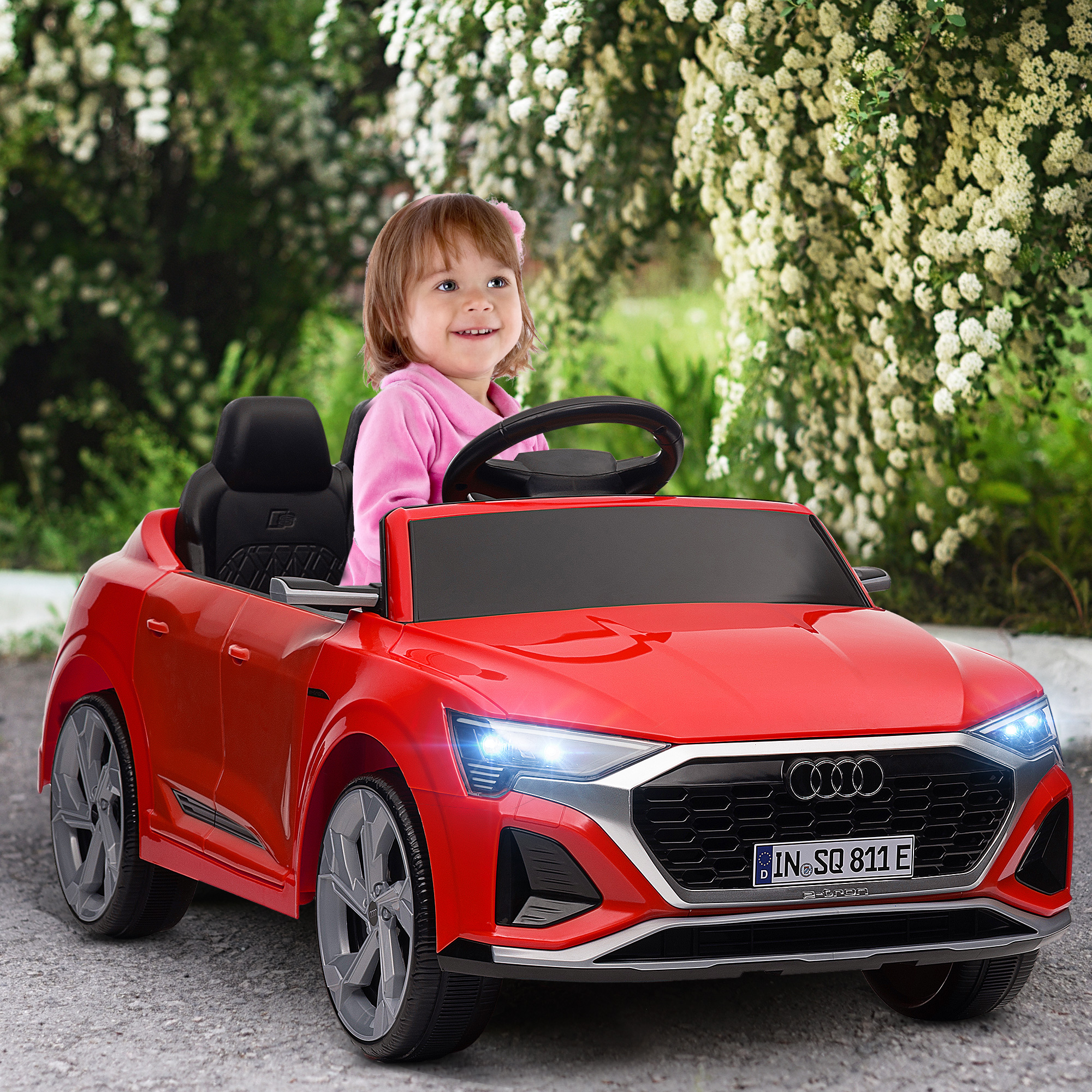 Elektro-Kinderauto, 12V Audi Q8, 3-5 km/h, Fernsteuerung, Scheinwerfer, Musik, Rot