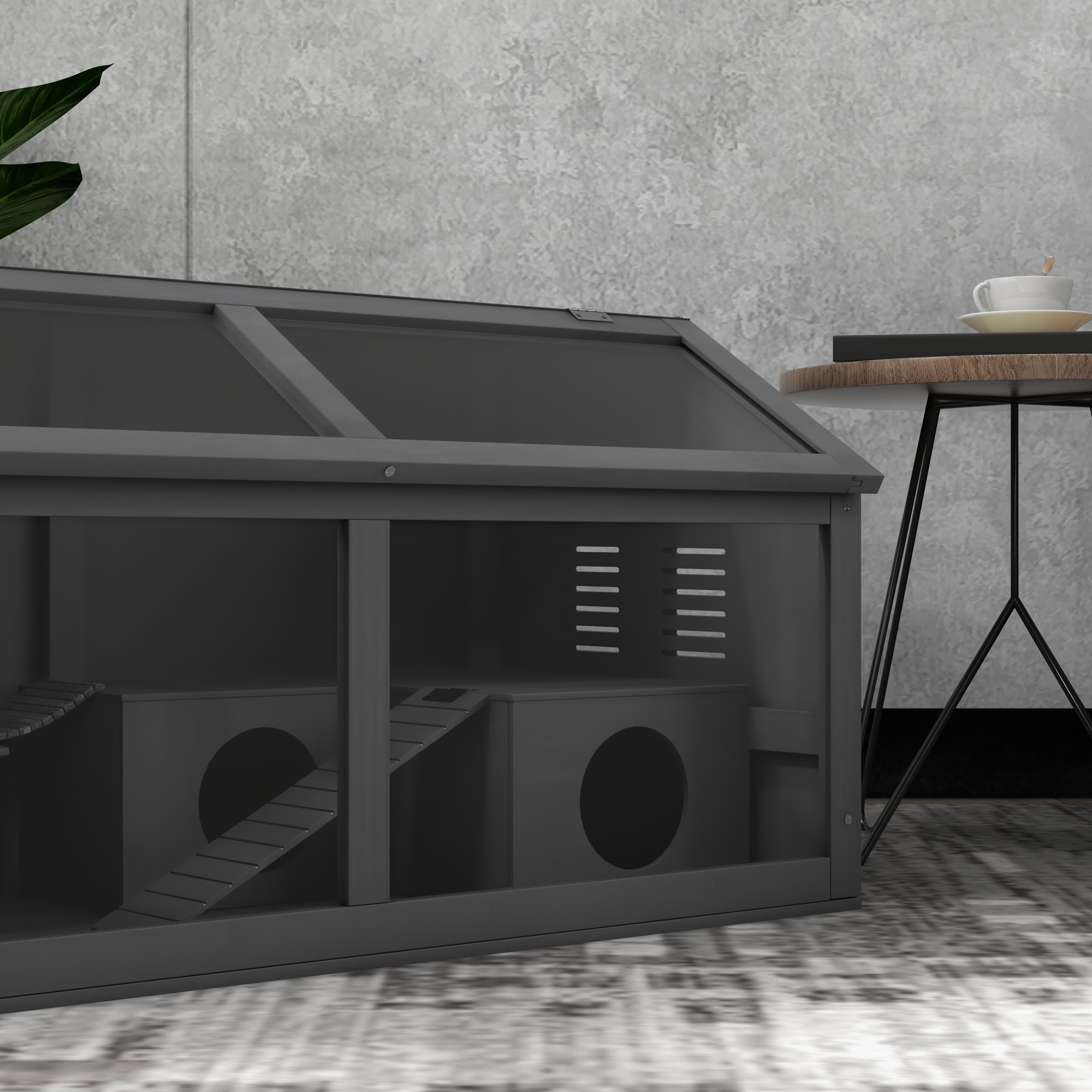 Hamsterkäfig, Kleintierkäfig aus Holz, Hängebrücke, Leitern, Hütte, 84 x 45 x 44 cm, für Zwerghamster, Grau