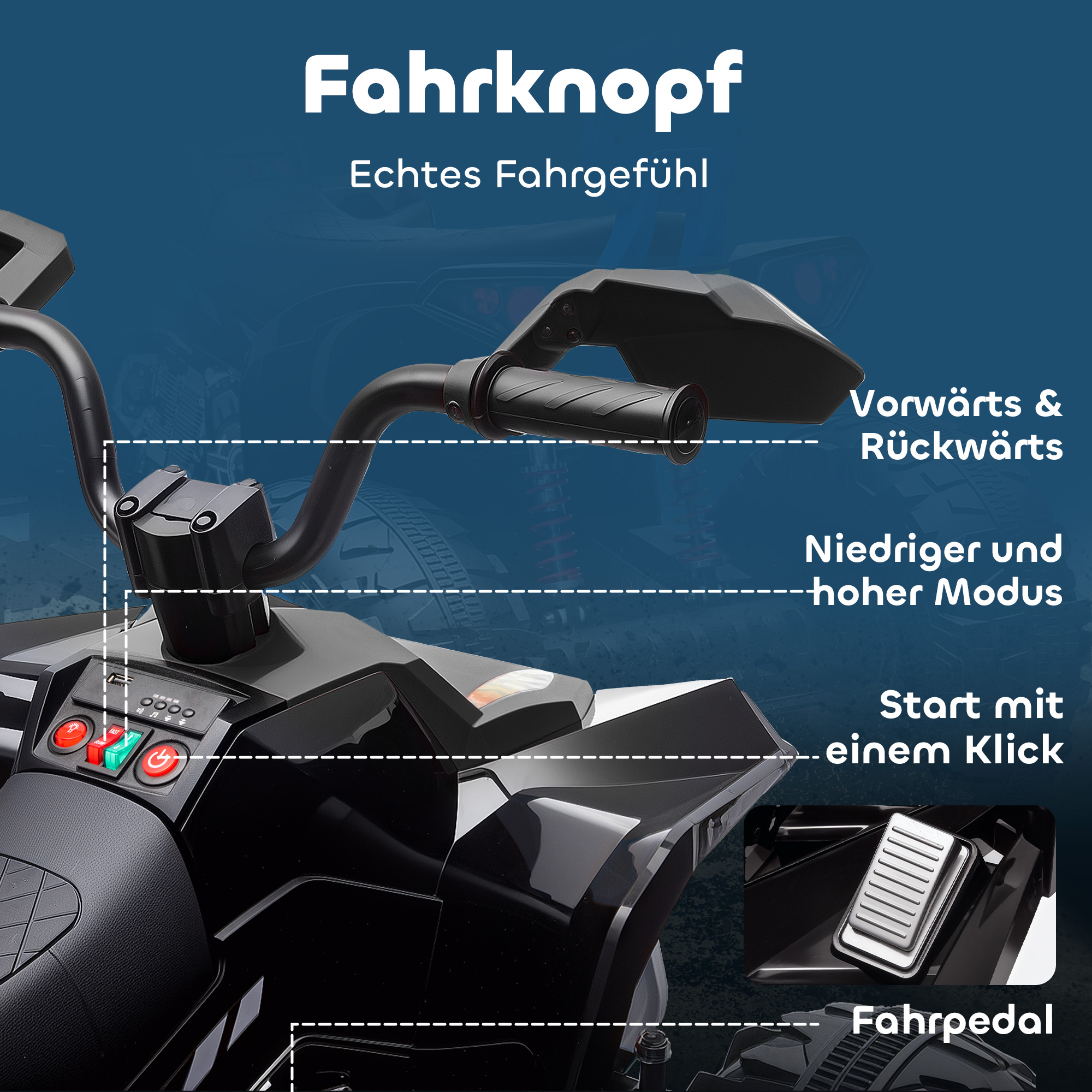 Kinder-Elektro-Quad, 24V Elektro-Fahrzeug mit 4 Rädern, Scheinwerfer, USB-Anschluss, MP3-Funktion, 6,5 km/h, 3-8 Jahre