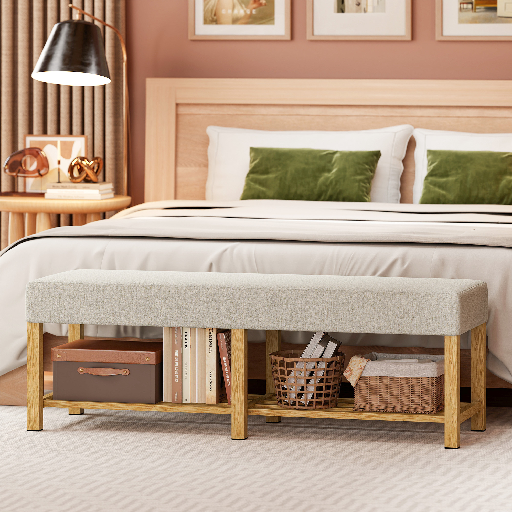 140 cm Schuhbank aus Massivholz, moderne Flurbank mit gepolsterter Sitzfläche für zwei Personen, Naturholz und Cremeweiß