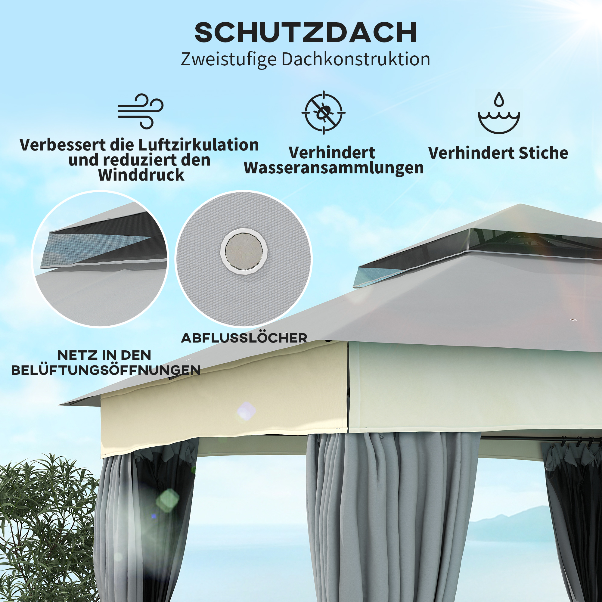 Pavillon mit Doppeldach, 3x3 m Wasserabweisend Stabil Winterfest Gartenpavillon aus Metall Dunkelgrau