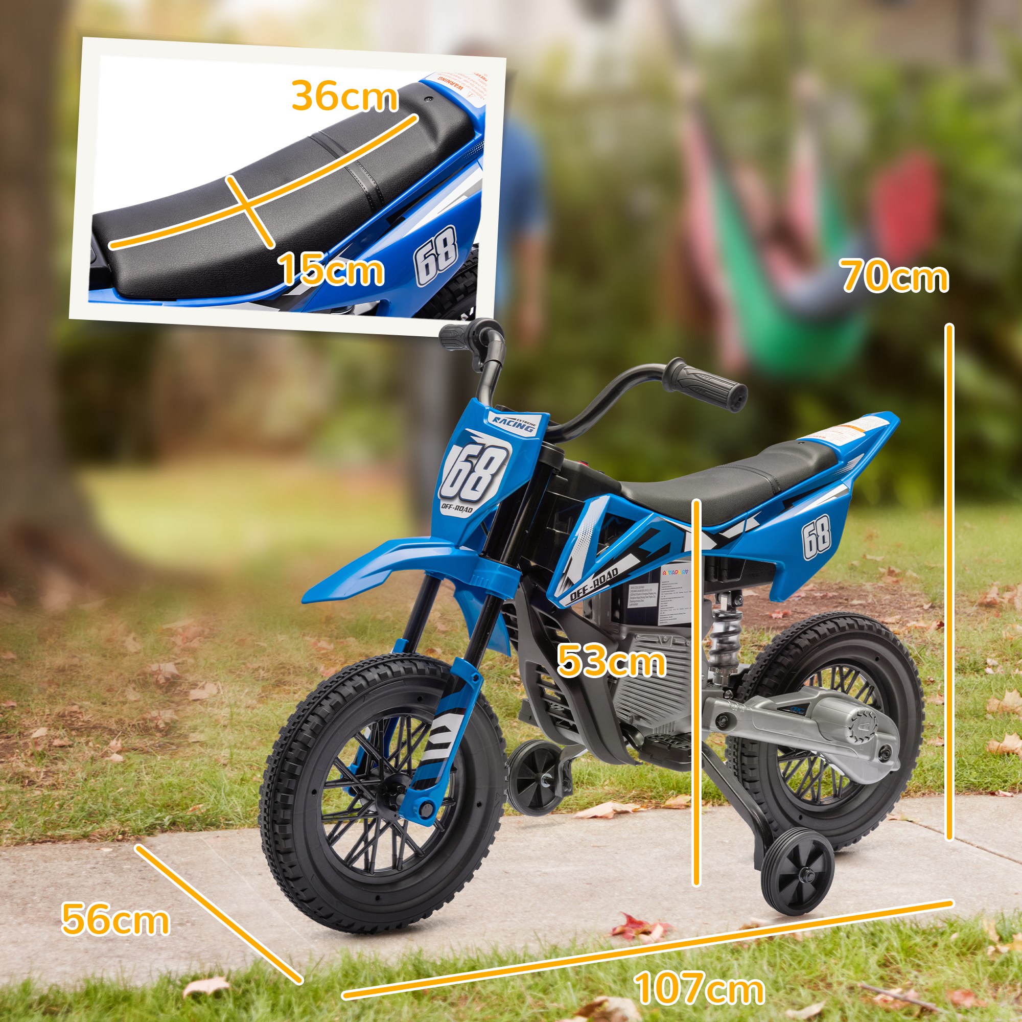 Elektro-Motorrad für Kinder, 12V Kindermotorrad mit Musik, Kinderfahrzeug mit Trainingsrädern, 3-6 Jahre, Blau