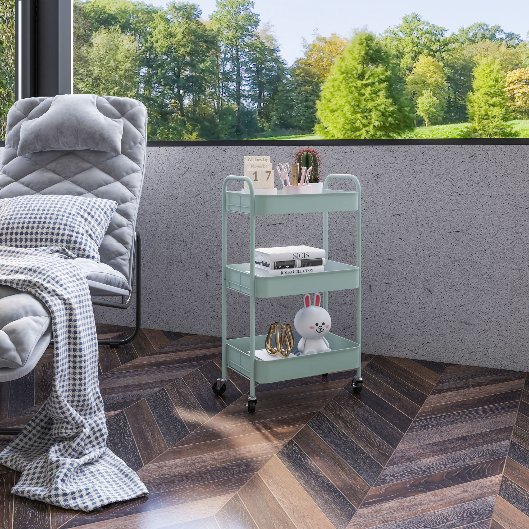 Mehrzweckwagen Rollwagen Küchenwagen, 3 Regale, 4 Rollen, 45 cm x 30,6 cm x 79 cm, Hellblau