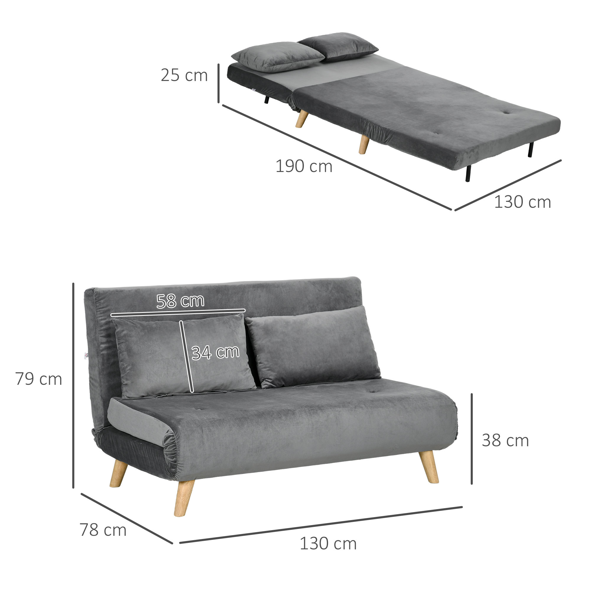 Schlafsofa Relaxsofa Sofa Couch, inkl, 2 Kissen, Samtoptik, 130 x 78 x 79 cm, Grau