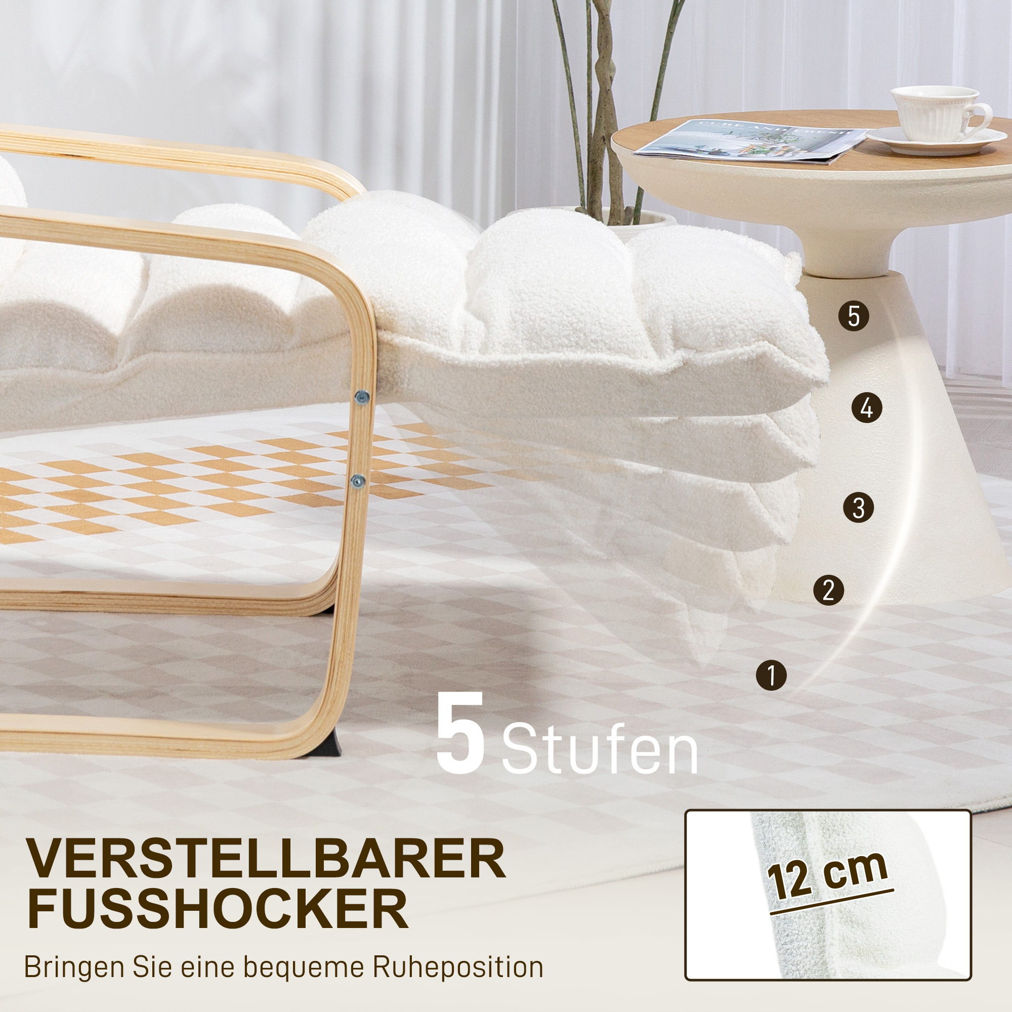 Lounge-Sessel aus Birkenholz, Polstersessel, verstellbare Fußstütze, Weiß