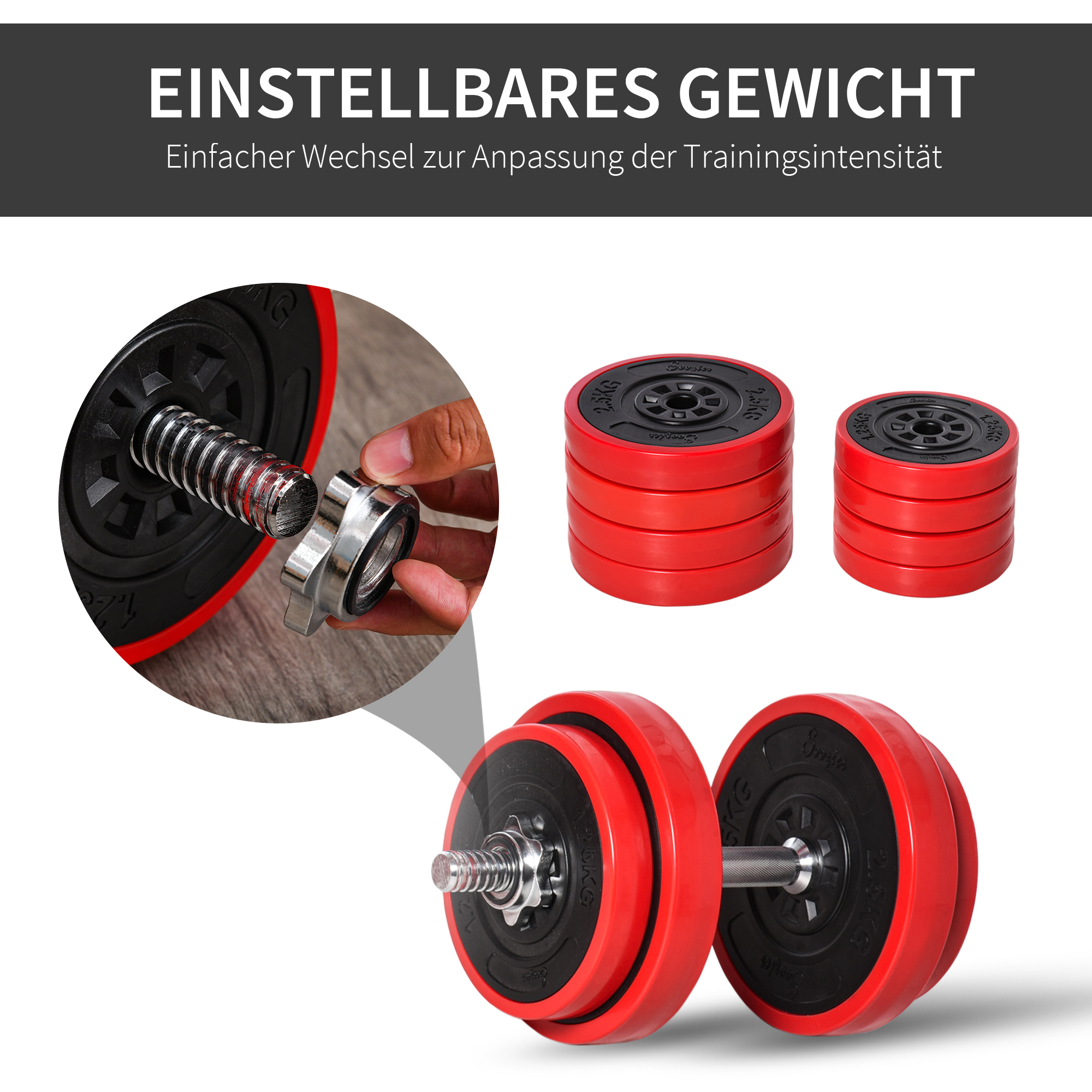 Hantelset 20/30KGS 2-IN-1 Hanteln&Langhanteln verstellbar Gewichtheben für Zuhause Fitness Muskel Rot+Schwarz 21,5 x 21,5 x 3,8 cm