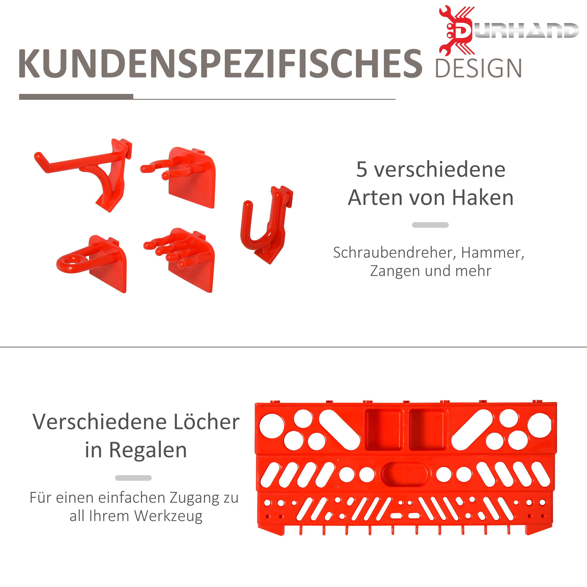 Werkzeuglochwand Wandregal 54 tlg Werkzeughalter Werkzeugwand für Werkstatt Sichtlagerkästen Hakenset PP Grau+Rot 95,5 x 23 x 53,5 cm